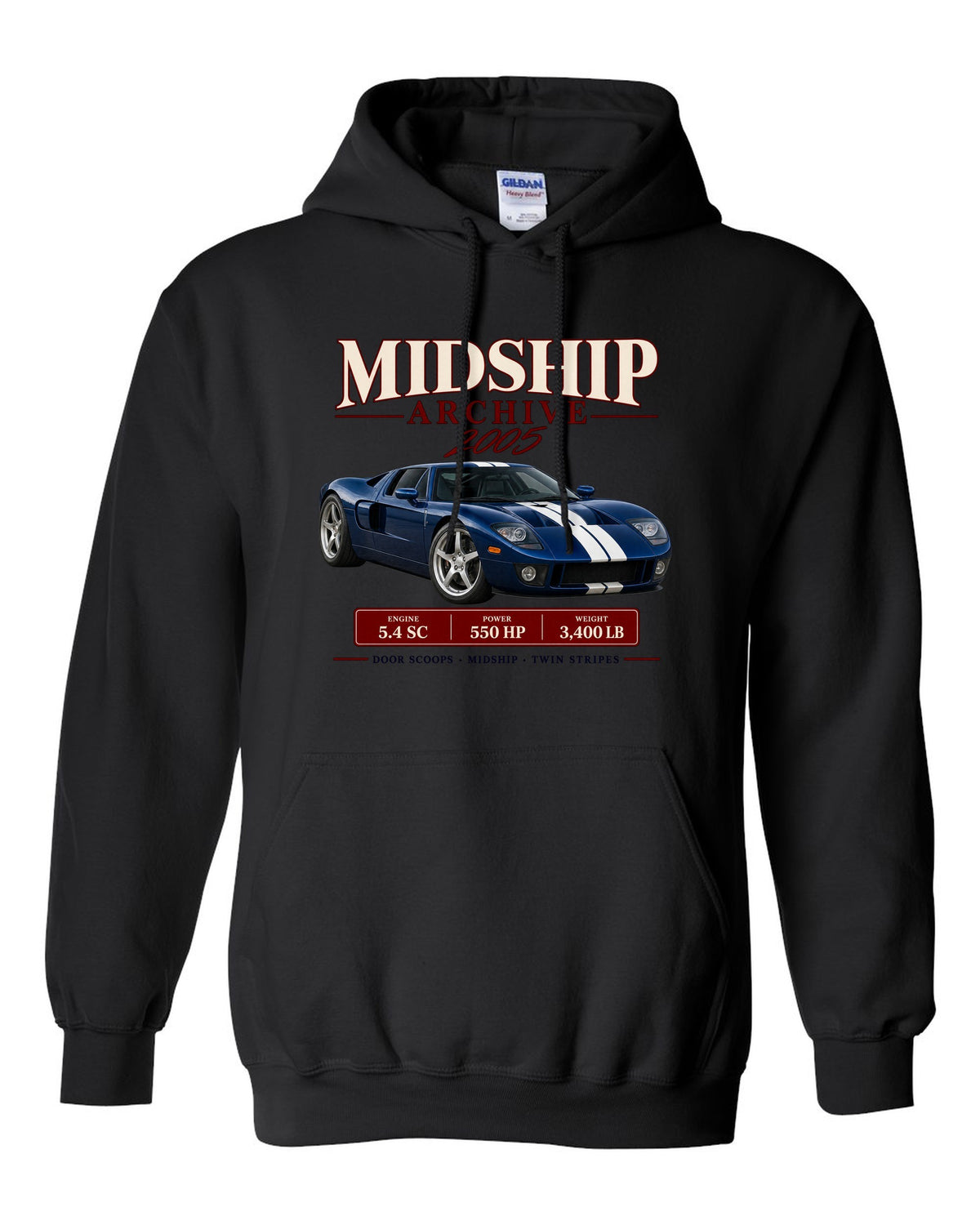 Ford GT 2005-06 midship archive panel print with door scoops, 5.4 SC and 550 HP black pull over hoodie front view with the design