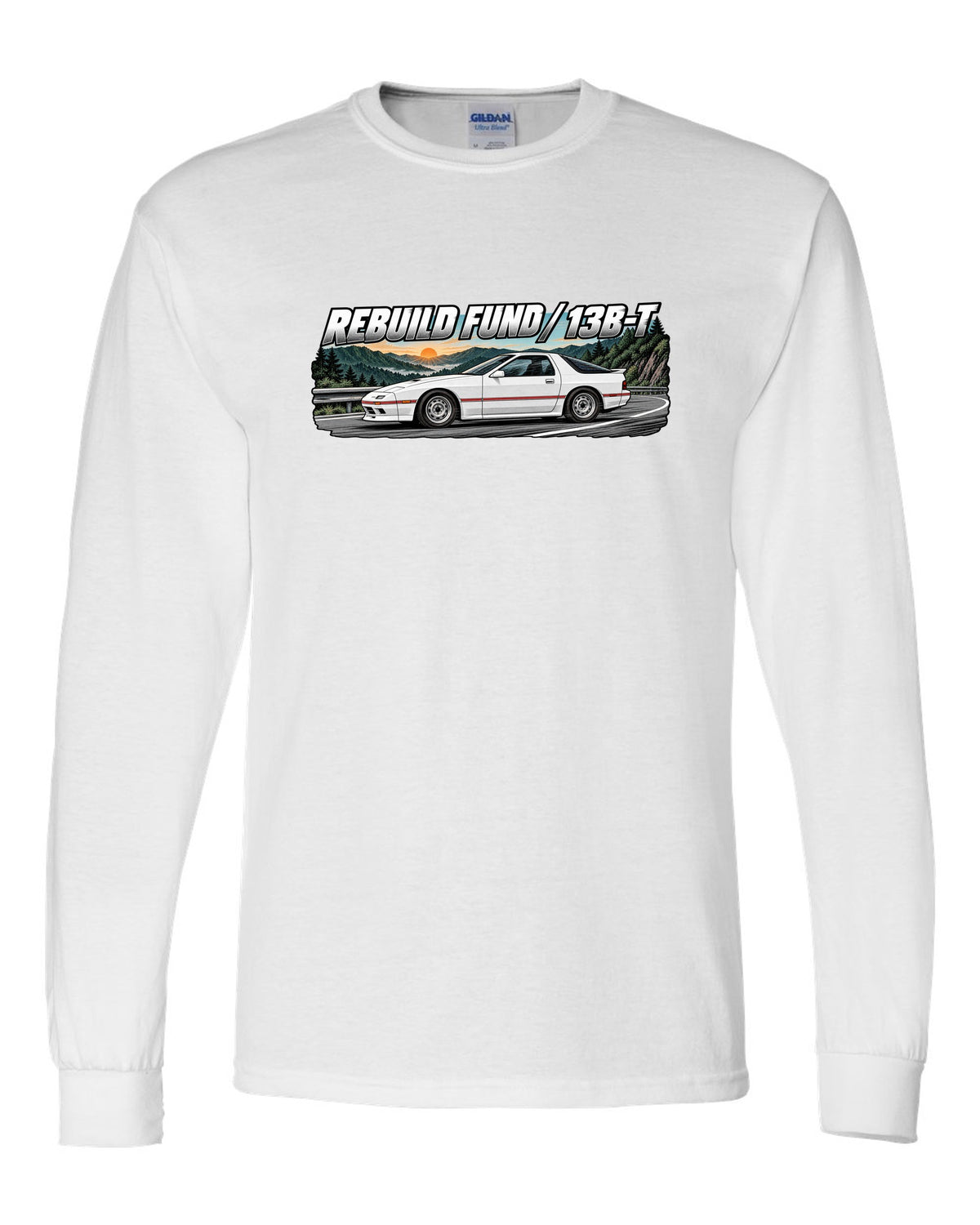 Retro manga ink and screentone illustration of a Mazda RX-7 FC3S white long sleeve front view with the design