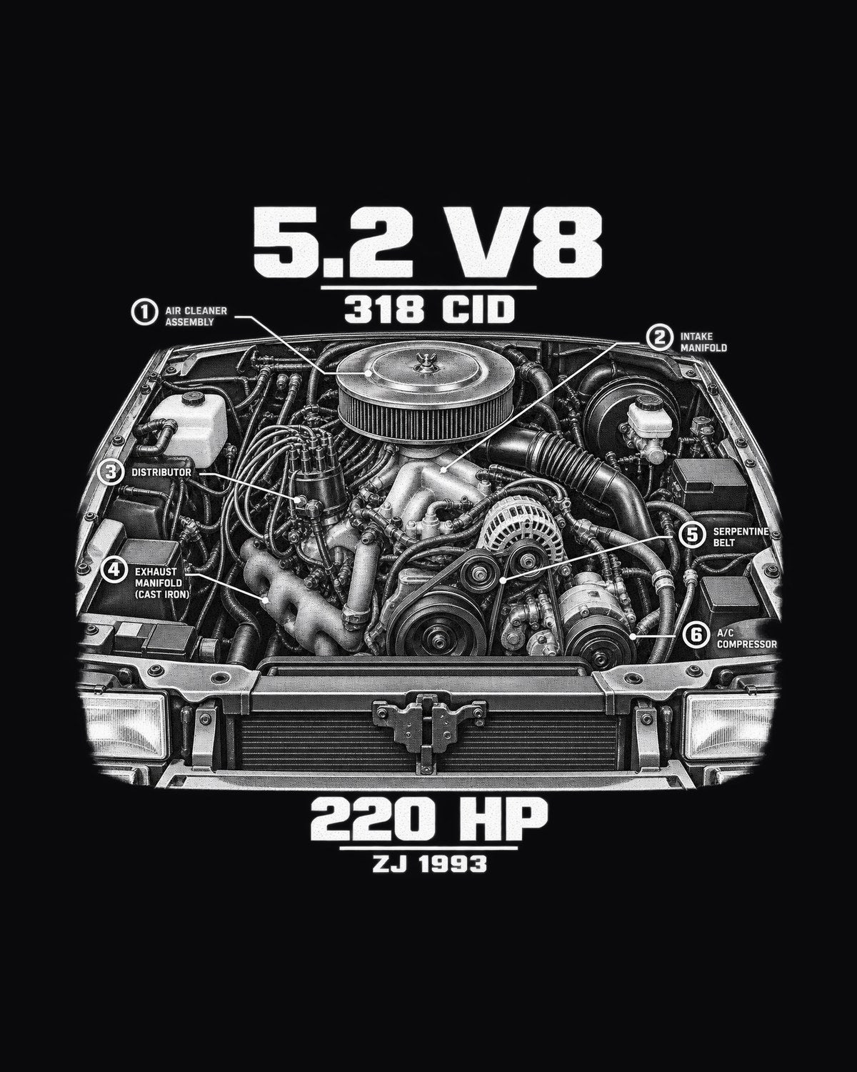 Jeep Grand Cherokee ZJ 5.2 V8 318 Engine Hero Tee design only