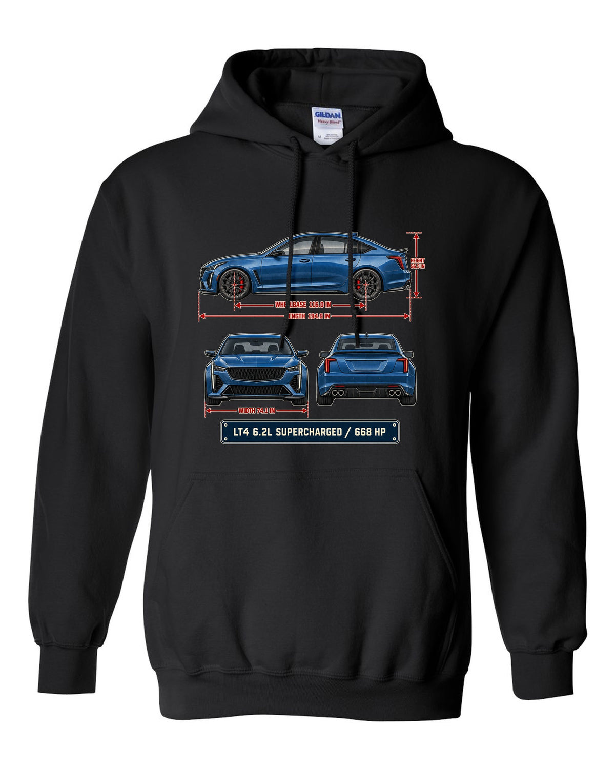 Dimension blueprint print of a Cadillac CT5-V Blackwing sedan black pull over hoodie front view with the design