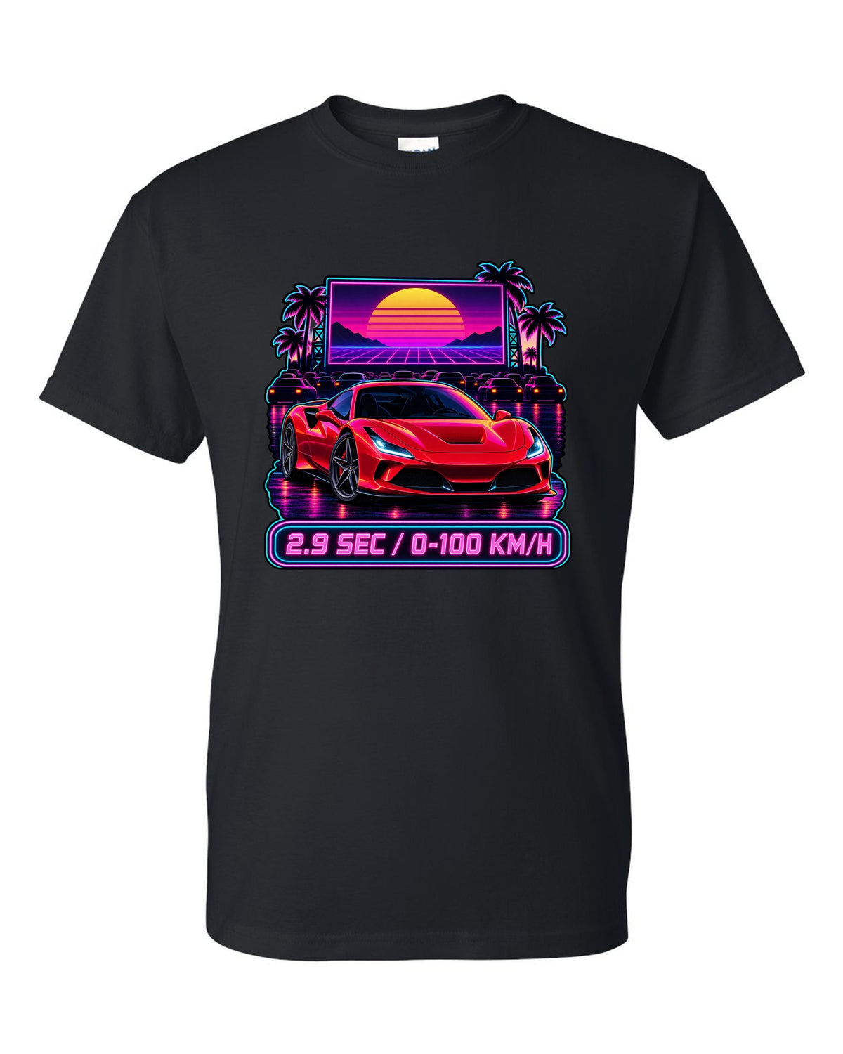Synthwave outrun drive-in scene with Ferrari F8 Tributo and 2.9 sec text black t-shirt front view with the design
