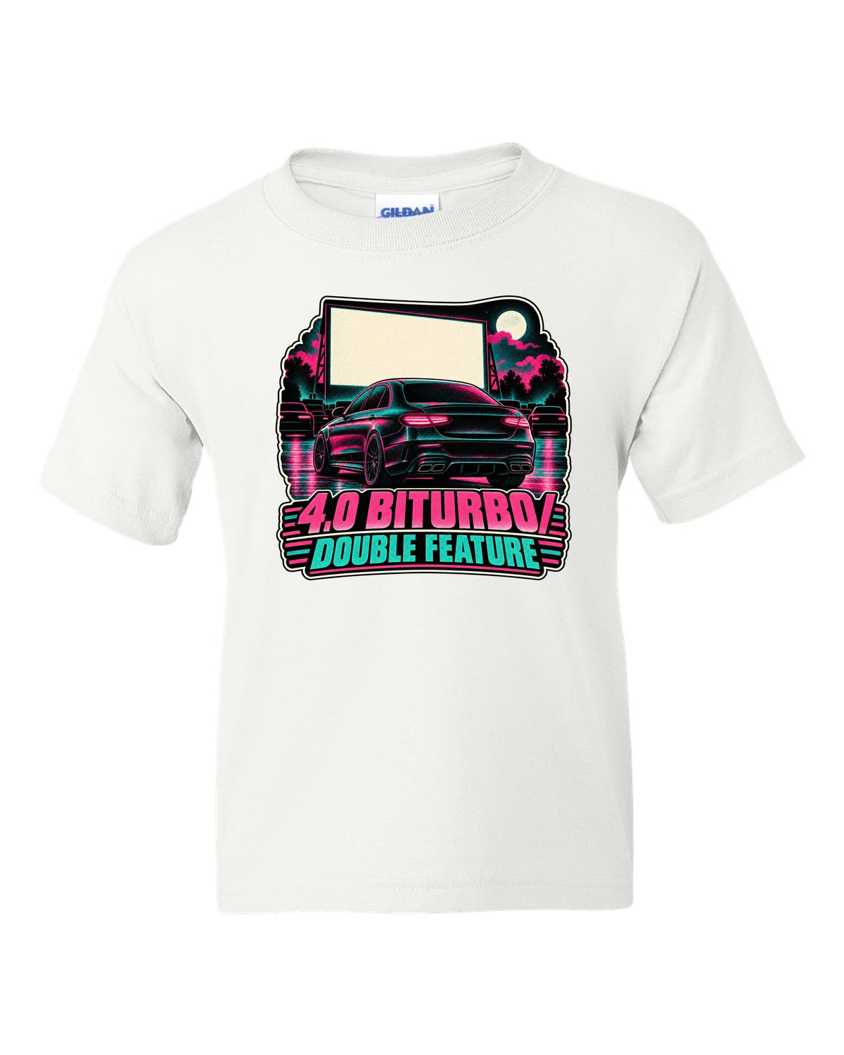 Risograph halftone drive-in poster graphic for a Mercedes E63 W213 4.0 biturbo, print white kids tee front view with the design