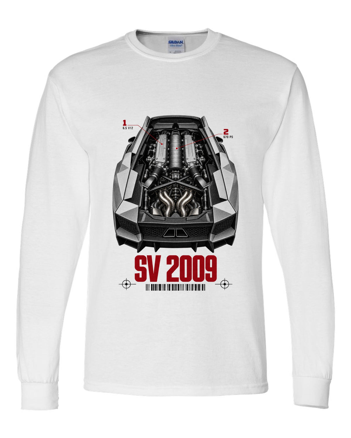 Engine hero print of a Lamborghini Murcielago LP670-4 SV with 6.5 V12 and 670 PS callouts white long sleeve front view with the design