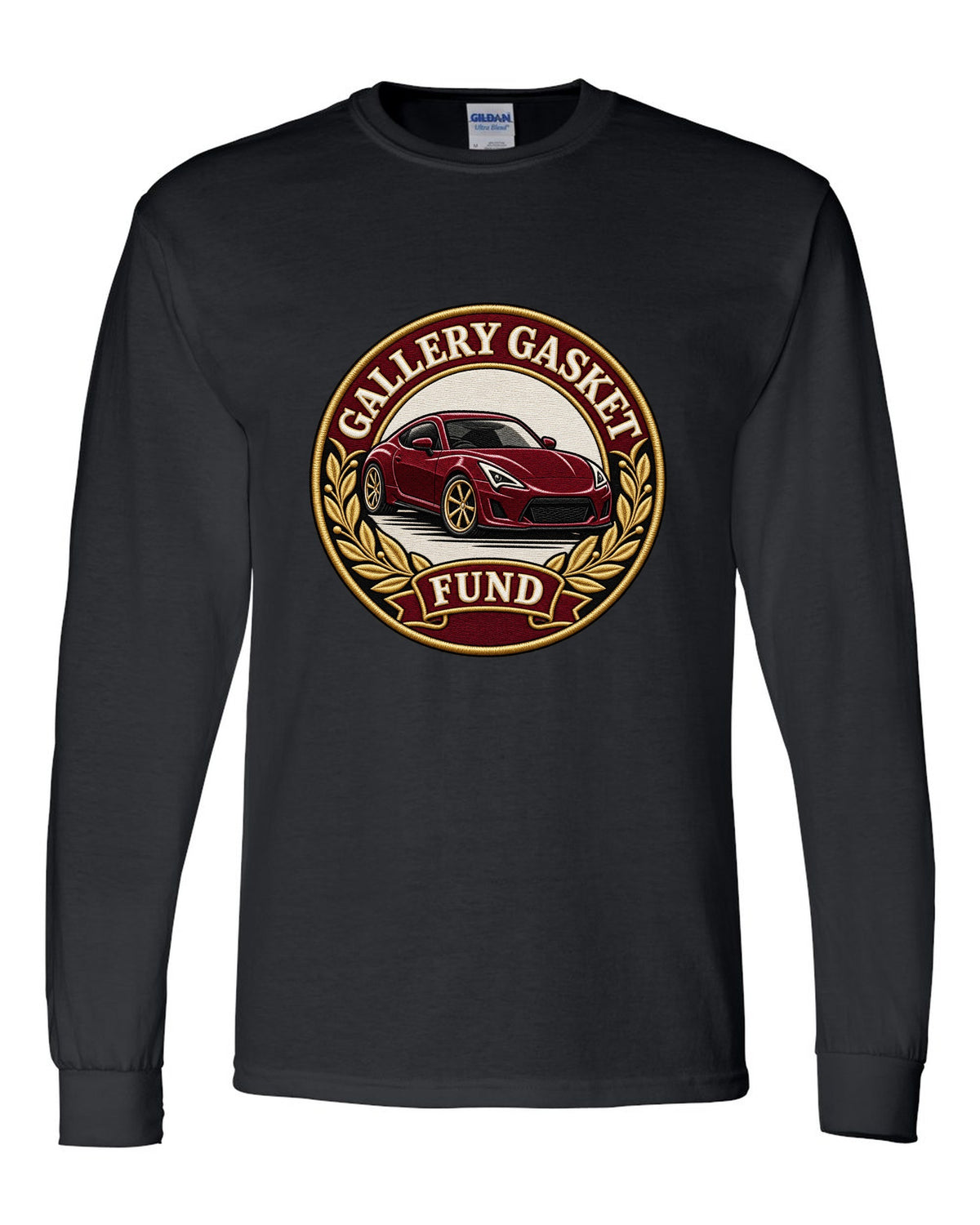 Round crest print for a Nissan 350Z Z33 with gallery gasket fund text black long sleeve front view with the design