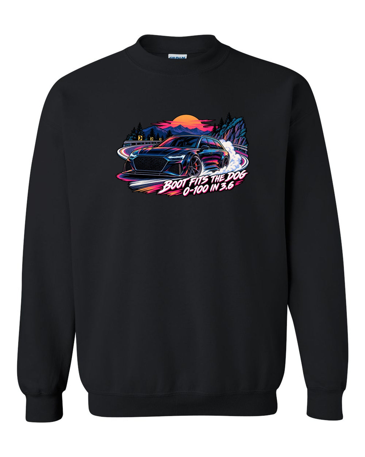 Cel-shaded anime night touge design of the Audi RS6 Avant C8 with boot fits the dog lettering black crewneck front view with the design