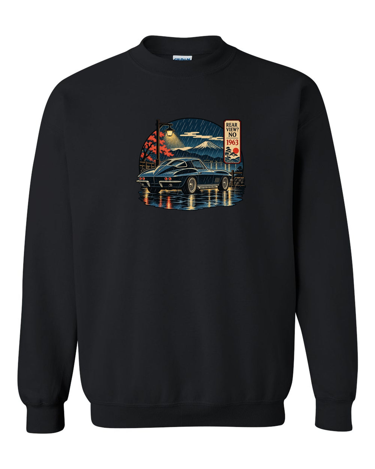 Ukiyo-e woodblock style print of a 1963 Chevrolet Corvette C2 Sting Ray coupe on a rainy night black crewneck front view with the design