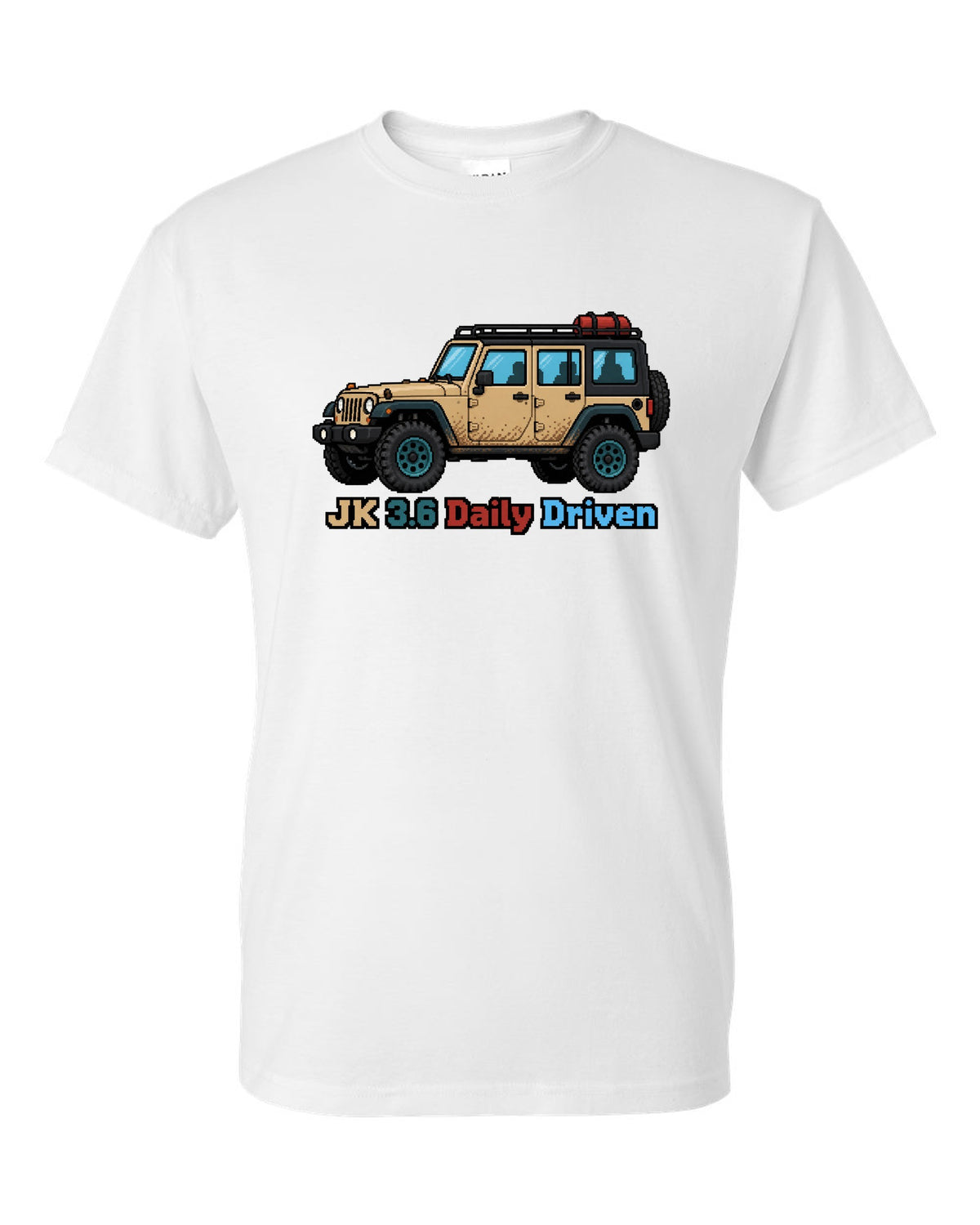 Jeep Wrangler JK 16-bit pixel art design with JK 3.6 daily driven text white t-shirt front view with the design