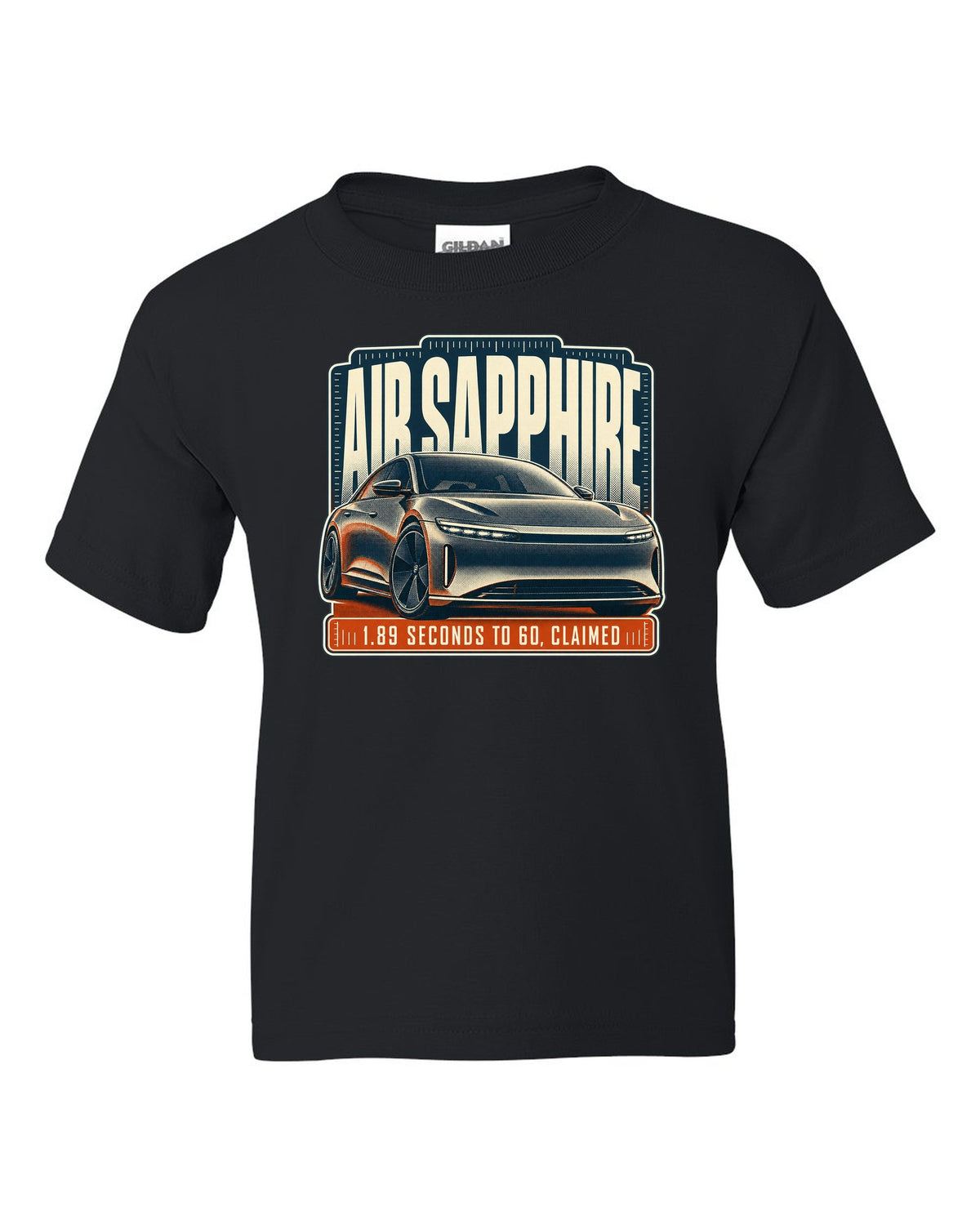 Halftone print of a Lucid Air Sapphire with 1.89 second 0-60 claim black kids tee front view with the design