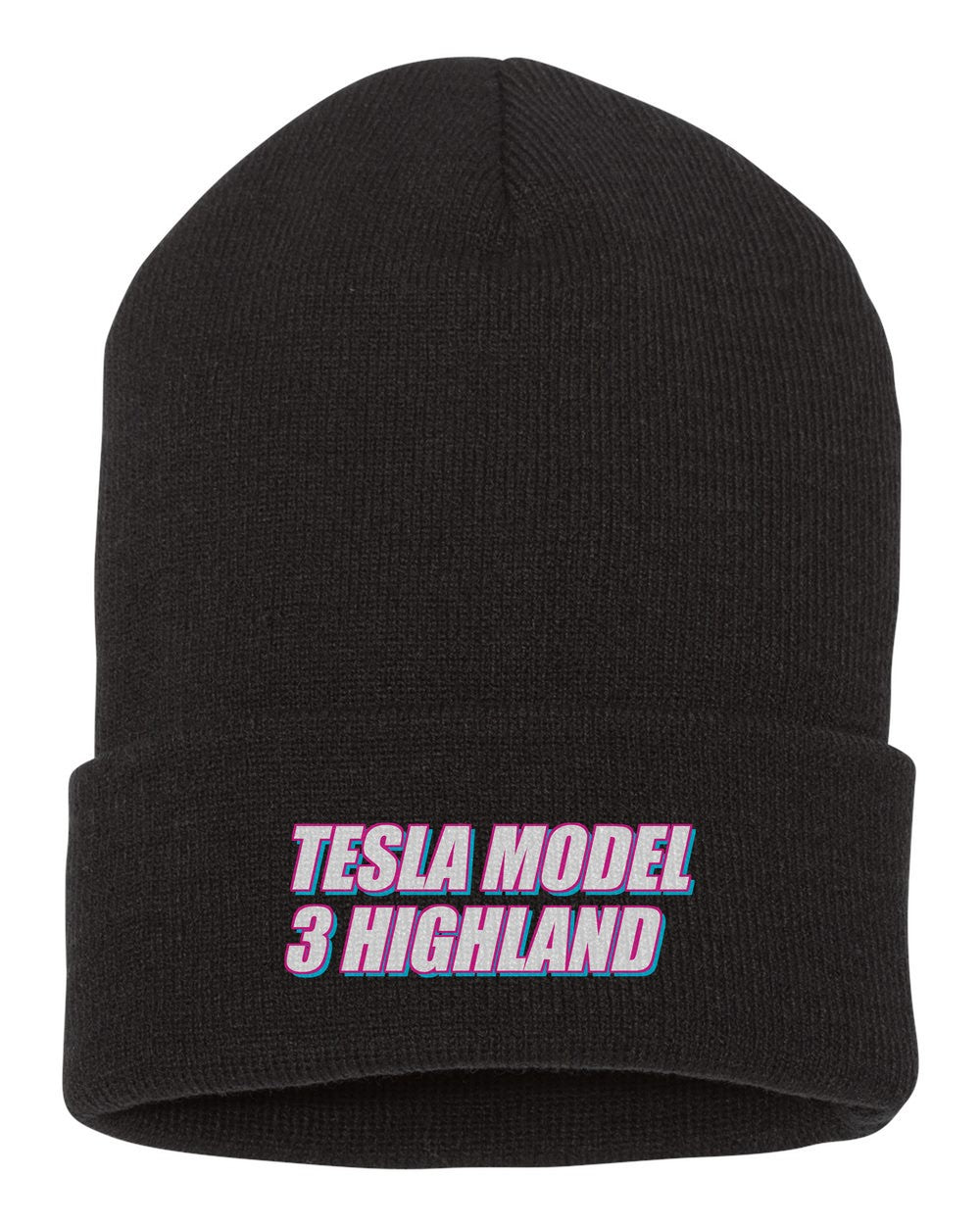Tesla Model 3 Highland black beanie front view with car name