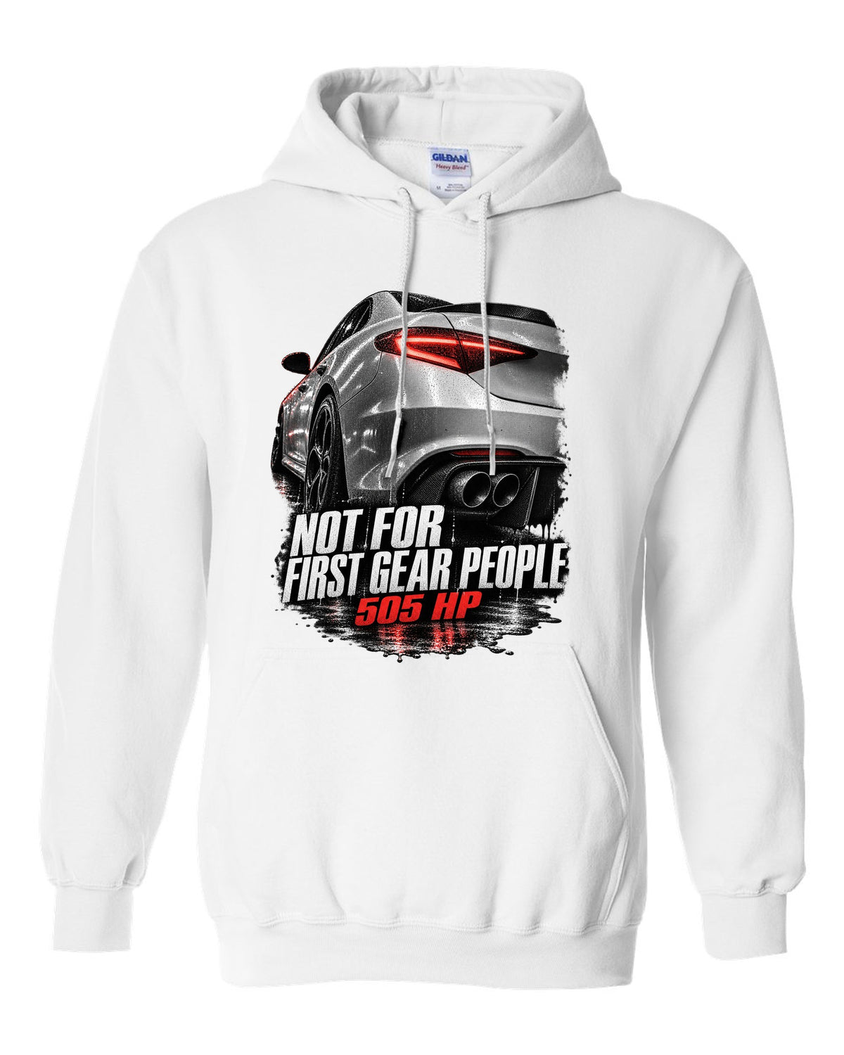 Taillight macro print of an Alfa Romeo Giulia Quadrifoglio with 505 HP text white pull over hoodie front view with the design