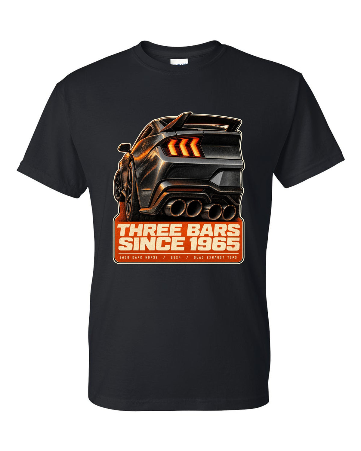 Ford Mustang S650 Dark Horse taillight macro print with quad exhaust tip text black t-shirt front view with the design