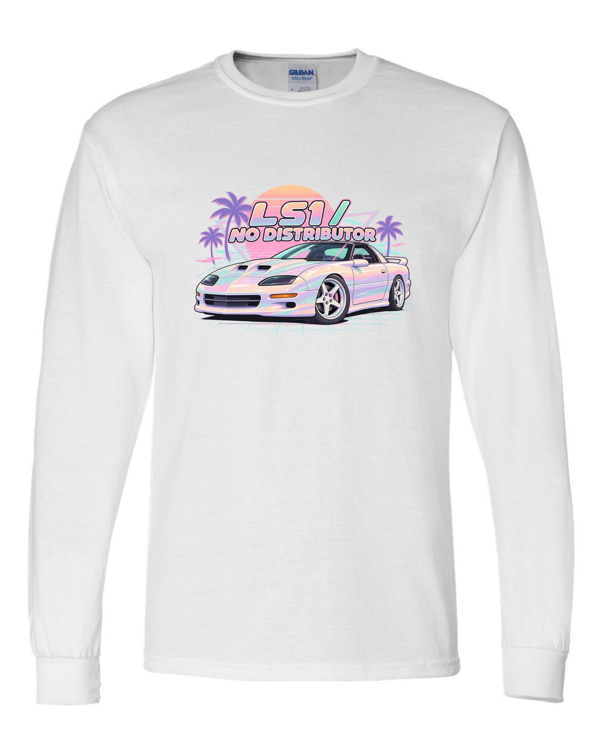 1998 Camaro SS fourth-generation on a pastel vaporwave grid with the text LS1 No Distributor white long sleeve front view with the design