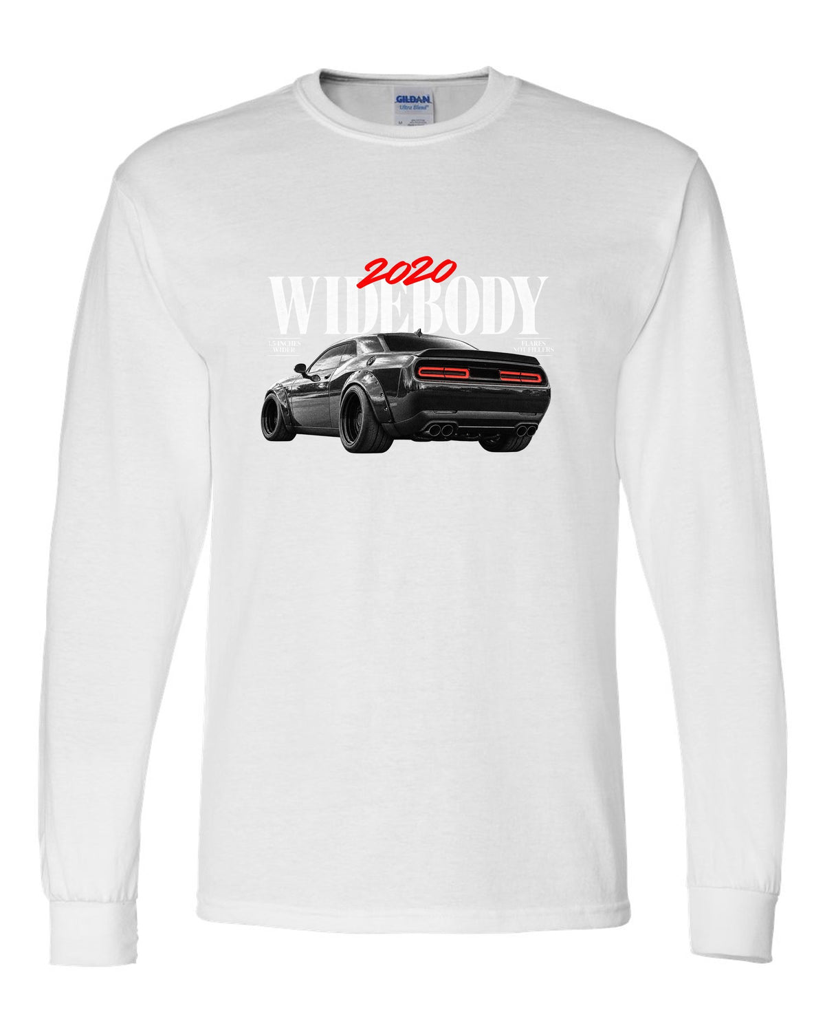 Editorial headline print of a 2020 Dodge Challenger Scat Pack Widebody with 3.5 inches wider text white long sleeve front view with the design