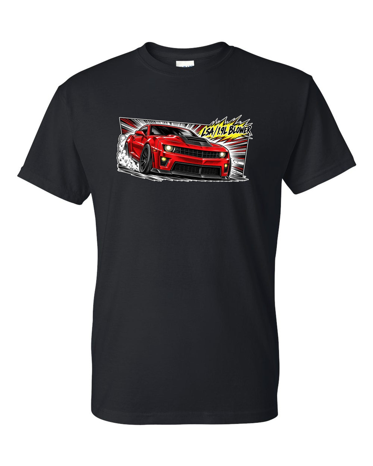 Retro manga panel with speed lines and screentone of a 2012 Chevrolet Camaro ZL1 black t-shirt front view with the design