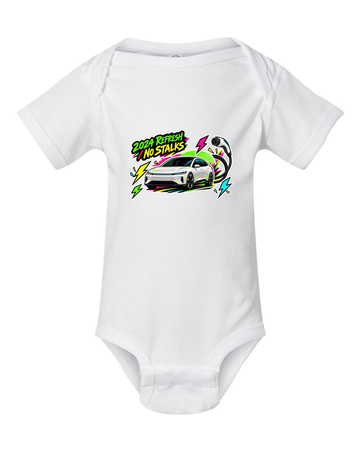 Sticker bomb collage print of a Tesla Model 3 Highland with the text 2024 Refresh No Stalks white baby onesie front view with the design
