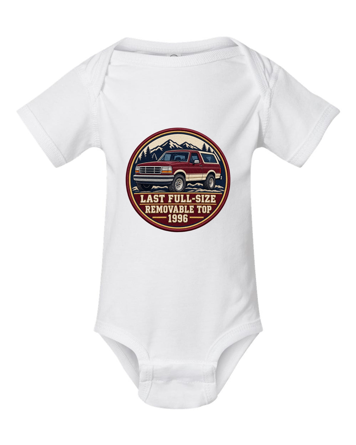 Round varsity crest print for a 1992-96 Ford Bronco OBS with removable top text white baby onesie front view with the design