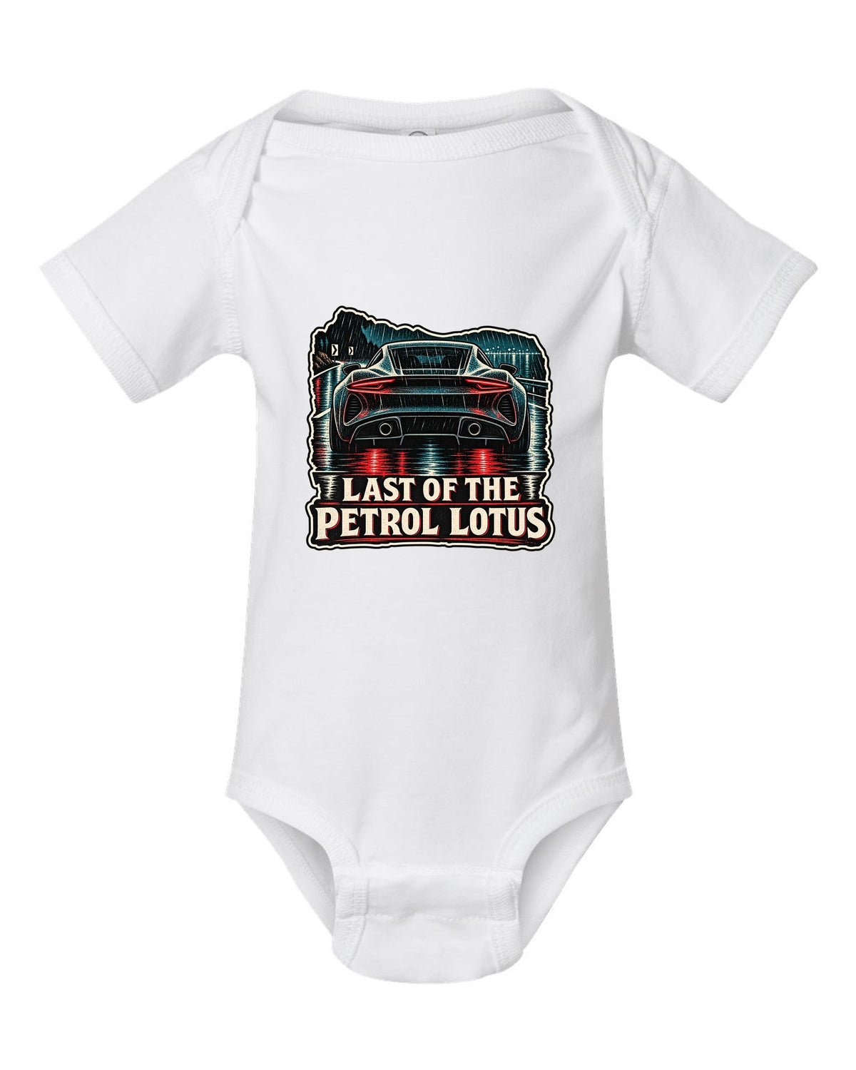 Lotus Emira in linocut woodcut style with LAST OF THE PETROL LOTUS lettering white baby onesie front view with the design
