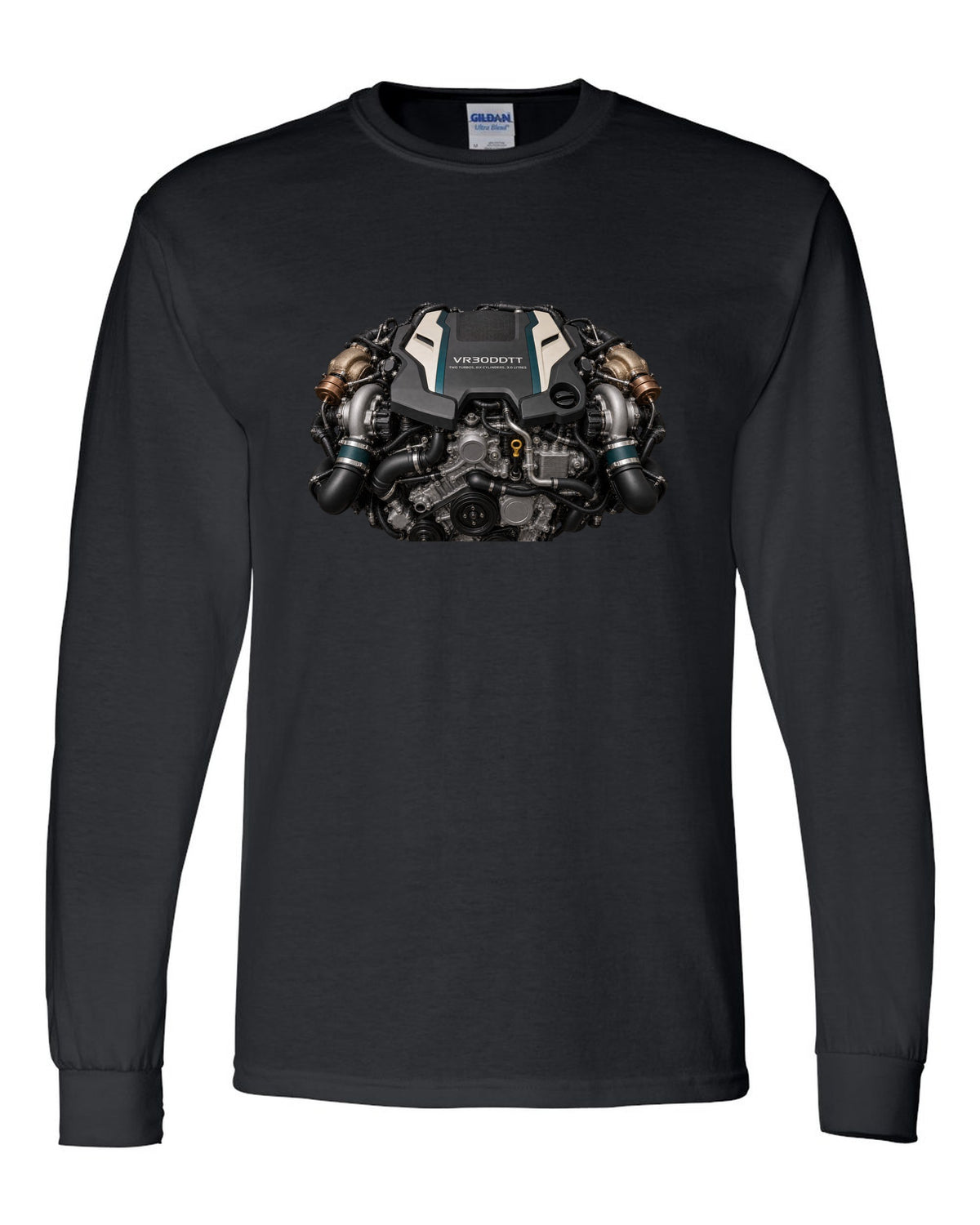 Nissan VR30DDTT 3.0 litre twin-turbo V6 engine bay poster style print black long sleeve front view with the design