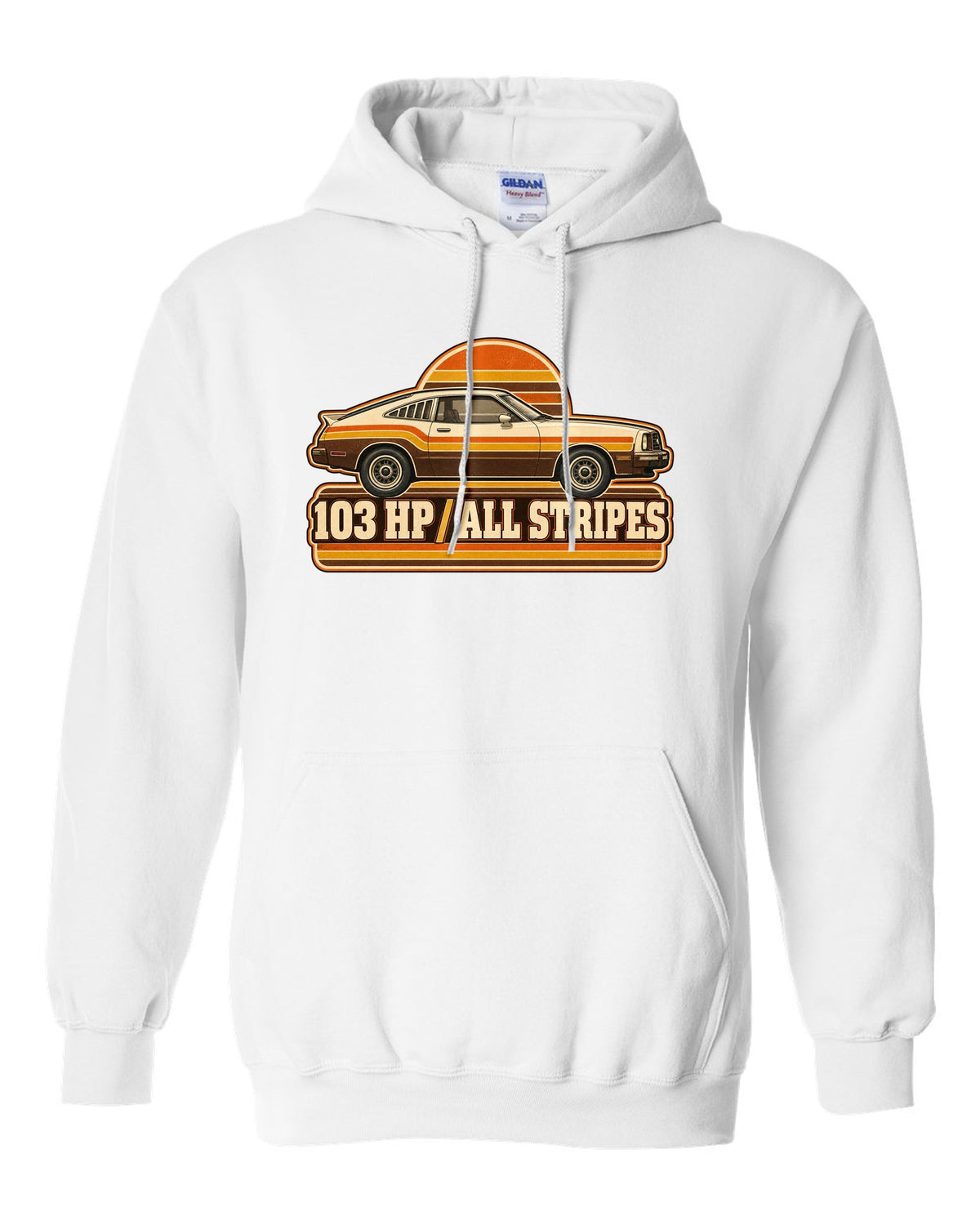 Vintage 70s race poster print of a 1976 Ford Mustang II fastback with stripes white pull over hoodie front view with the design