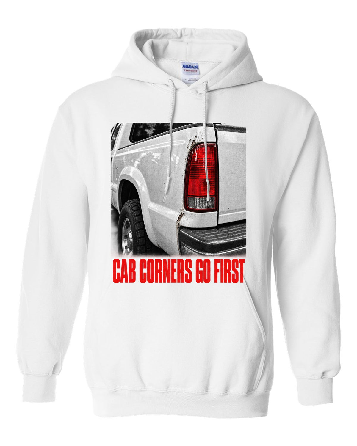 NBS Silverado taillight detail with cab corner rust, print white pull over hoodie front view with the design
