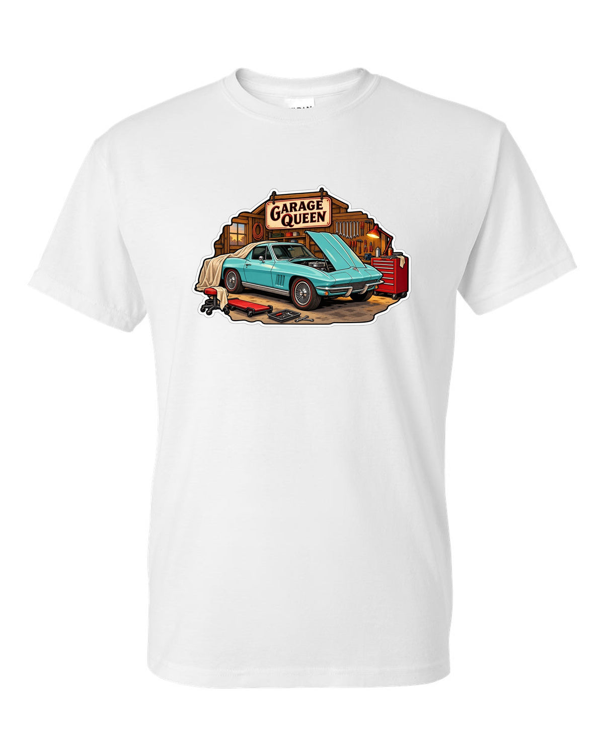 Sticker-bomb collage print of a 1966 Chevrolet Corvette C2 Sting Ray coupe with Garage Queen lettering white t-shirt front view with the design