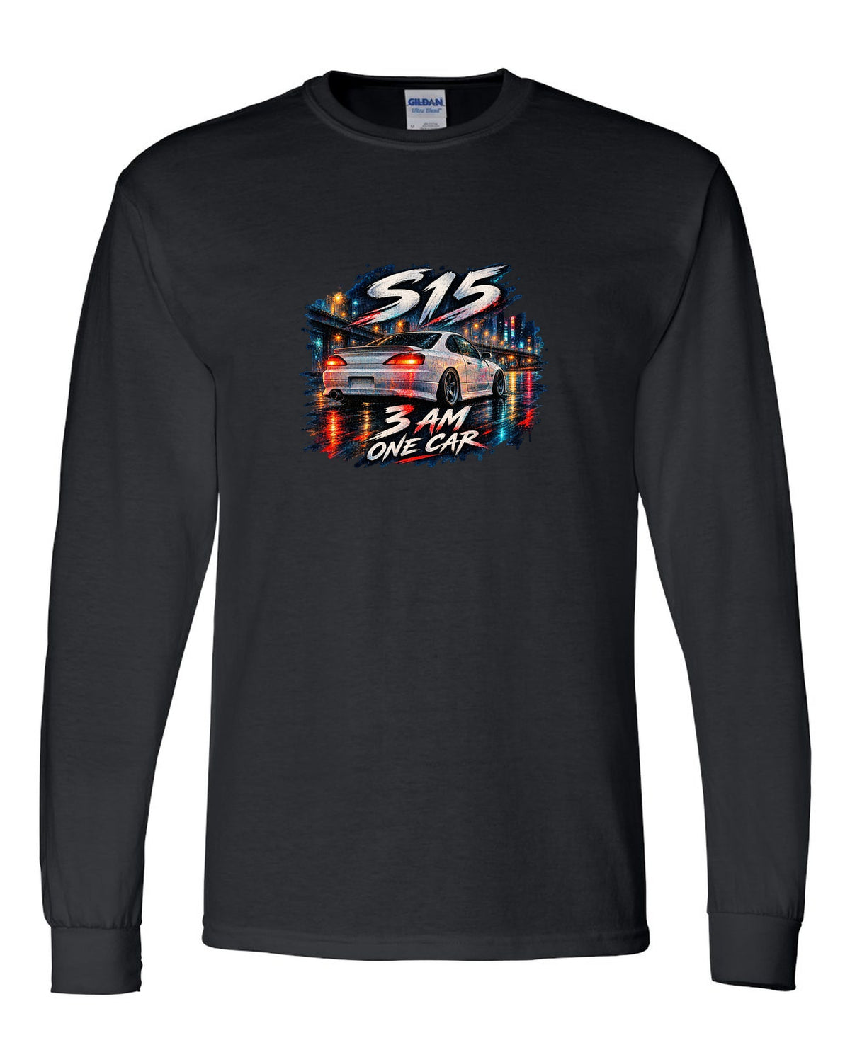 Watercolour wet-road night scene of a Nissan Silvia S15 at 3 AM black long sleeve front view with the design