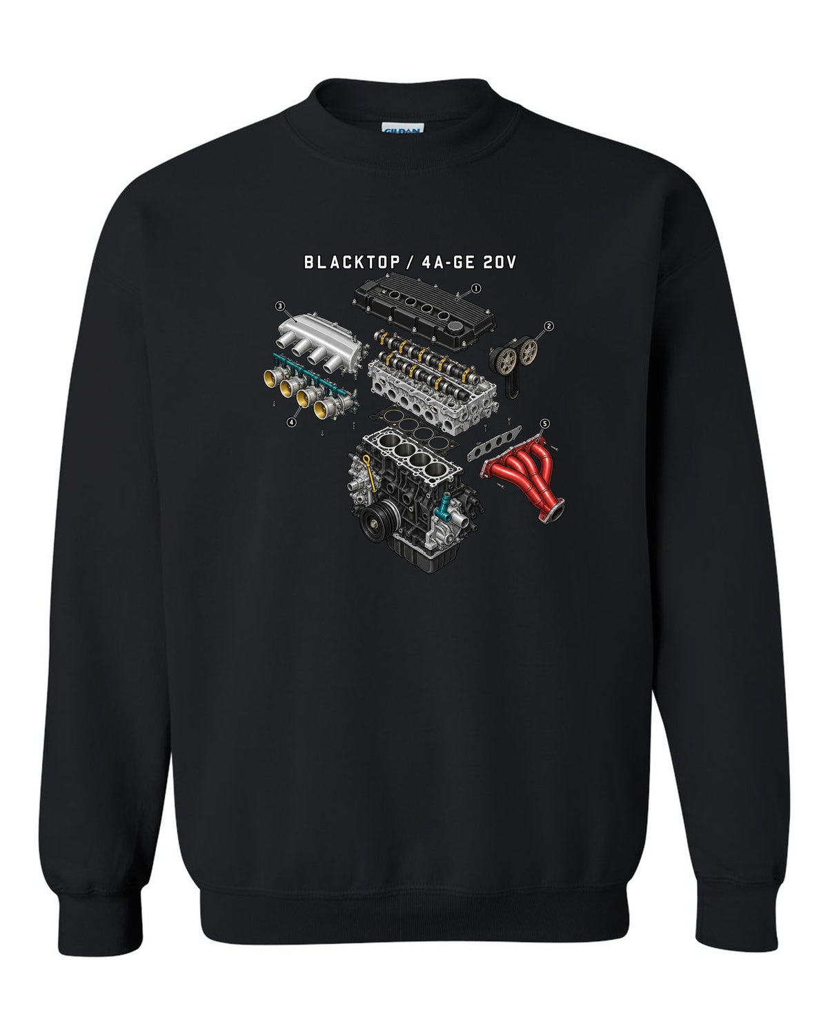 Exploded engine diagram of the blacktop 4A-GE 20V for the Toyota Corolla AE111 black crewneck front view with the design