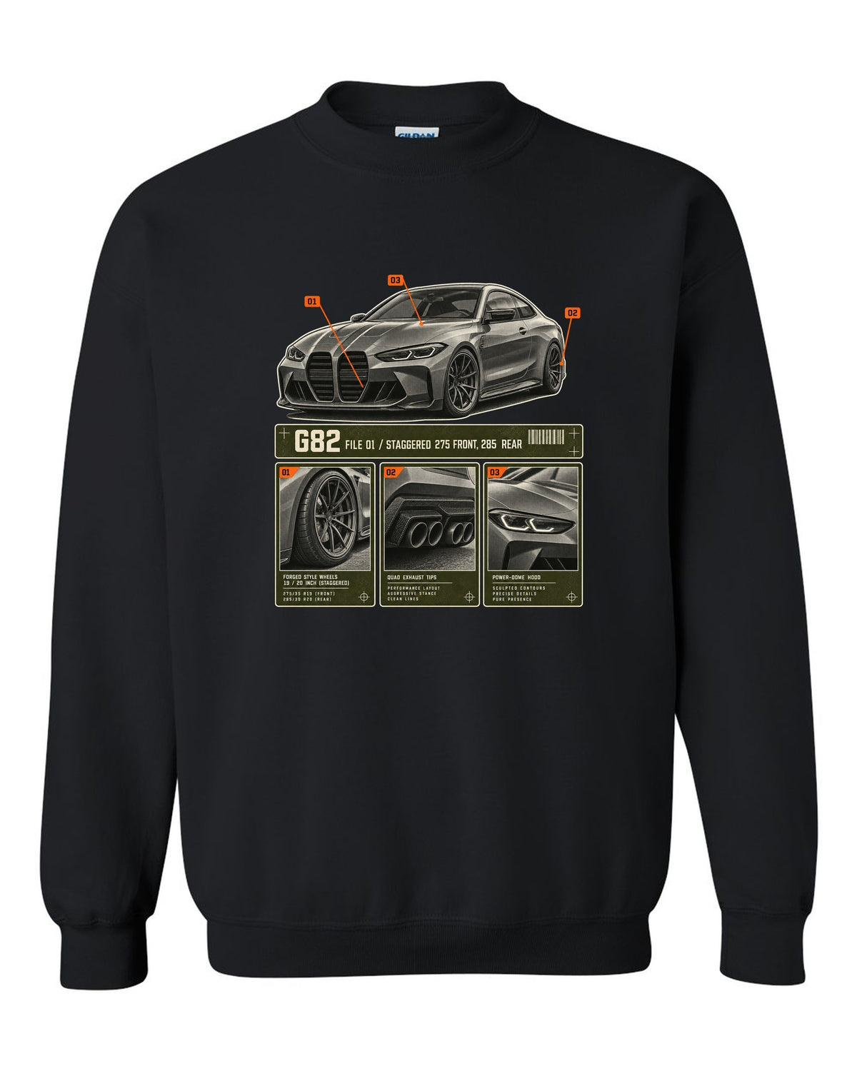 BMW M4 Competition G82 dossier panels print noting staggered 275 front and 285 rear black crewneck front view with the design