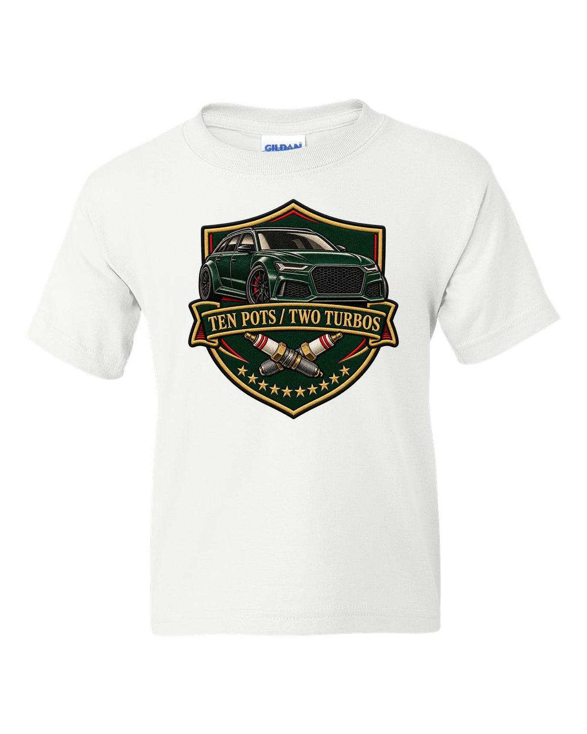 Varsity-style crest design of the Audi RS6 Avant C6 4F with ten pots two turbos lettering white kids tee front view with the design