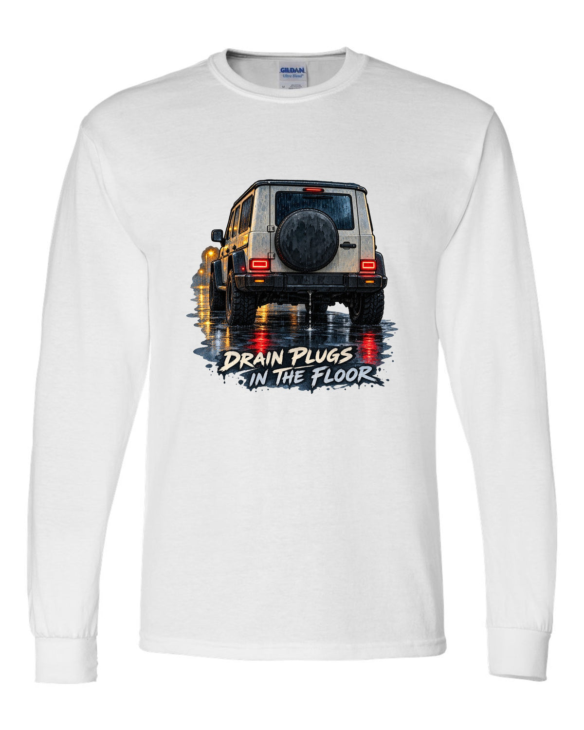 Jeep Wrangler JL taillight reflections on wet road in watercolour with drain plugs in the floor text white long sleeve front view with the design