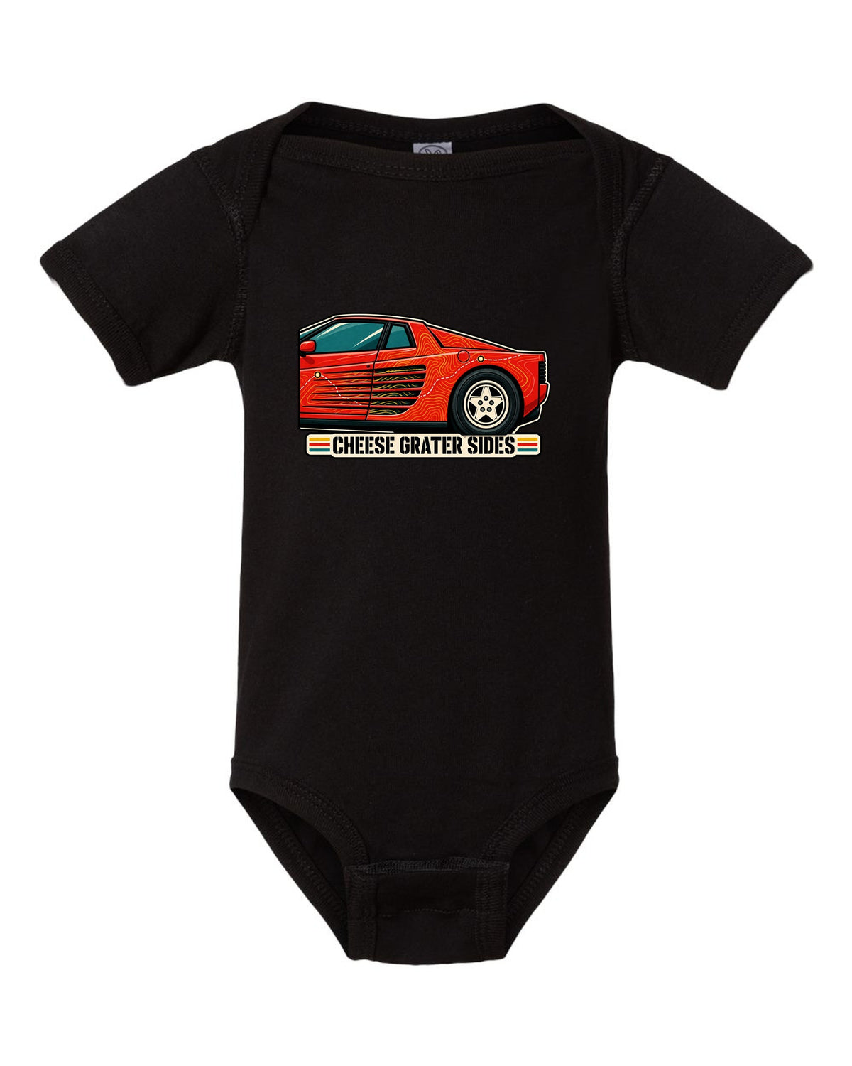 Topographic contour line print of the Ferrari Testarossa F110 with the text cheese grater sides black baby onesie front view with the design