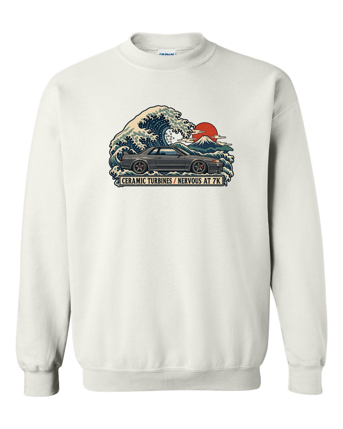 Ukiyo-e woodblock print of a gun grey Nissan Skyline GT-R R32 BNR32 on a wave white crewneck front view with the design
