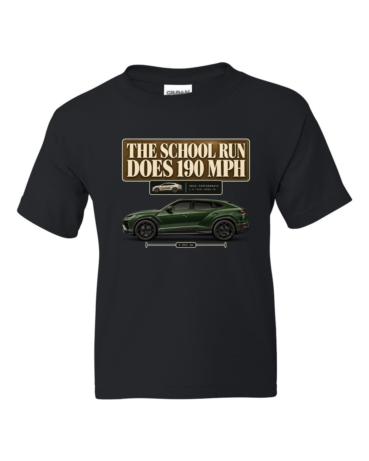 Lamborghini Urus Performante editorial headline print reading the school run does 190 mph black kids tee front view with the design