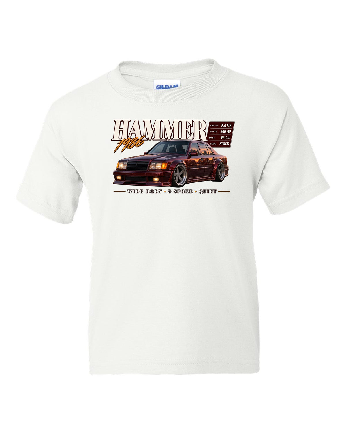 print archive panel of a Mercedes W124 300E 5.6 Hammer with text 5.6 V8 sleeper wide body white kids tee front view with the design