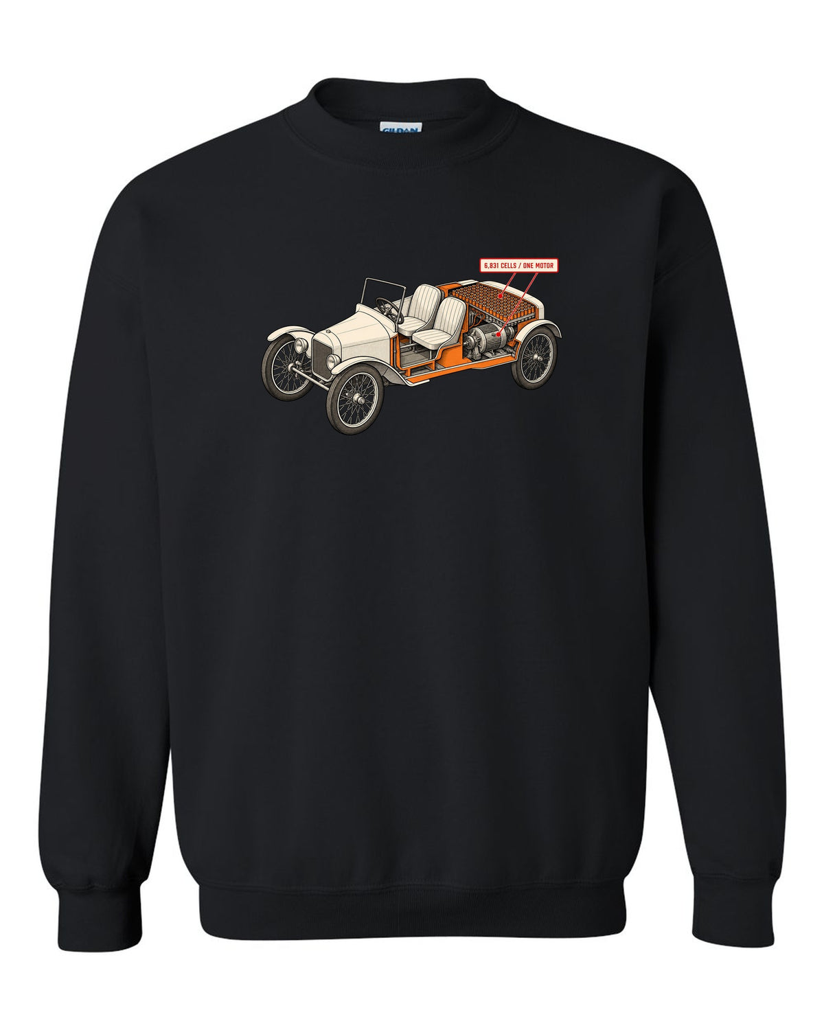 Isometric cutaway diagram print of a Tesla Roadster Gen 1 reading 6,831 Cells One Motor black crewneck front view with the design