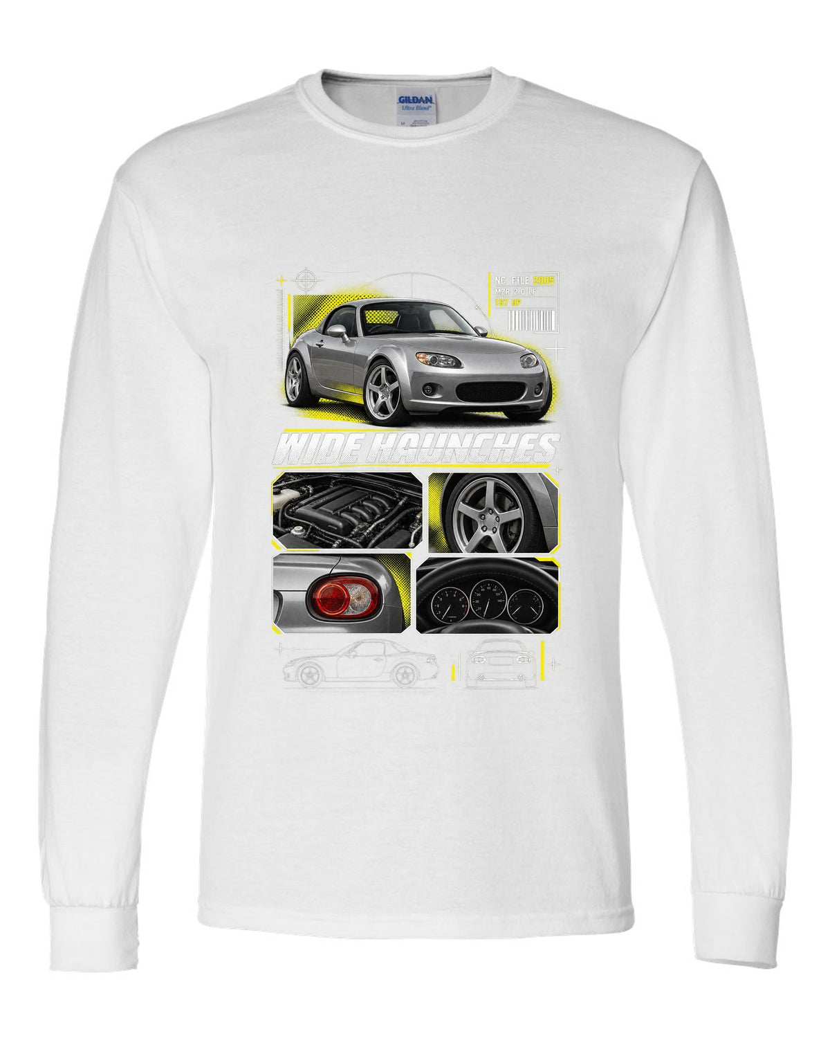 Dossier panels print for the Mazda MX-5 NC PRHT 2005-15 with MZR 2.0 LF and wide haunches white long sleeve front view with the design