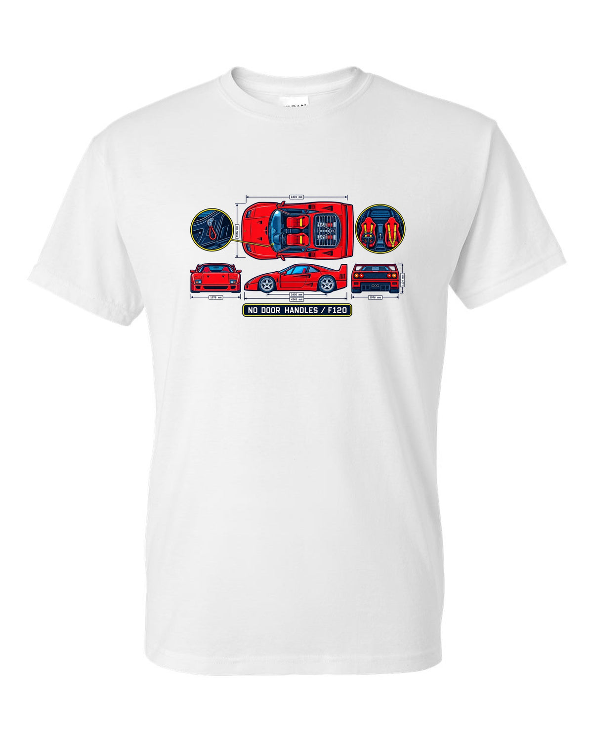 Technical blueprint print of a 1987 Ferrari F40 F120 cabin with no door handles text white t-shirt front view with the design