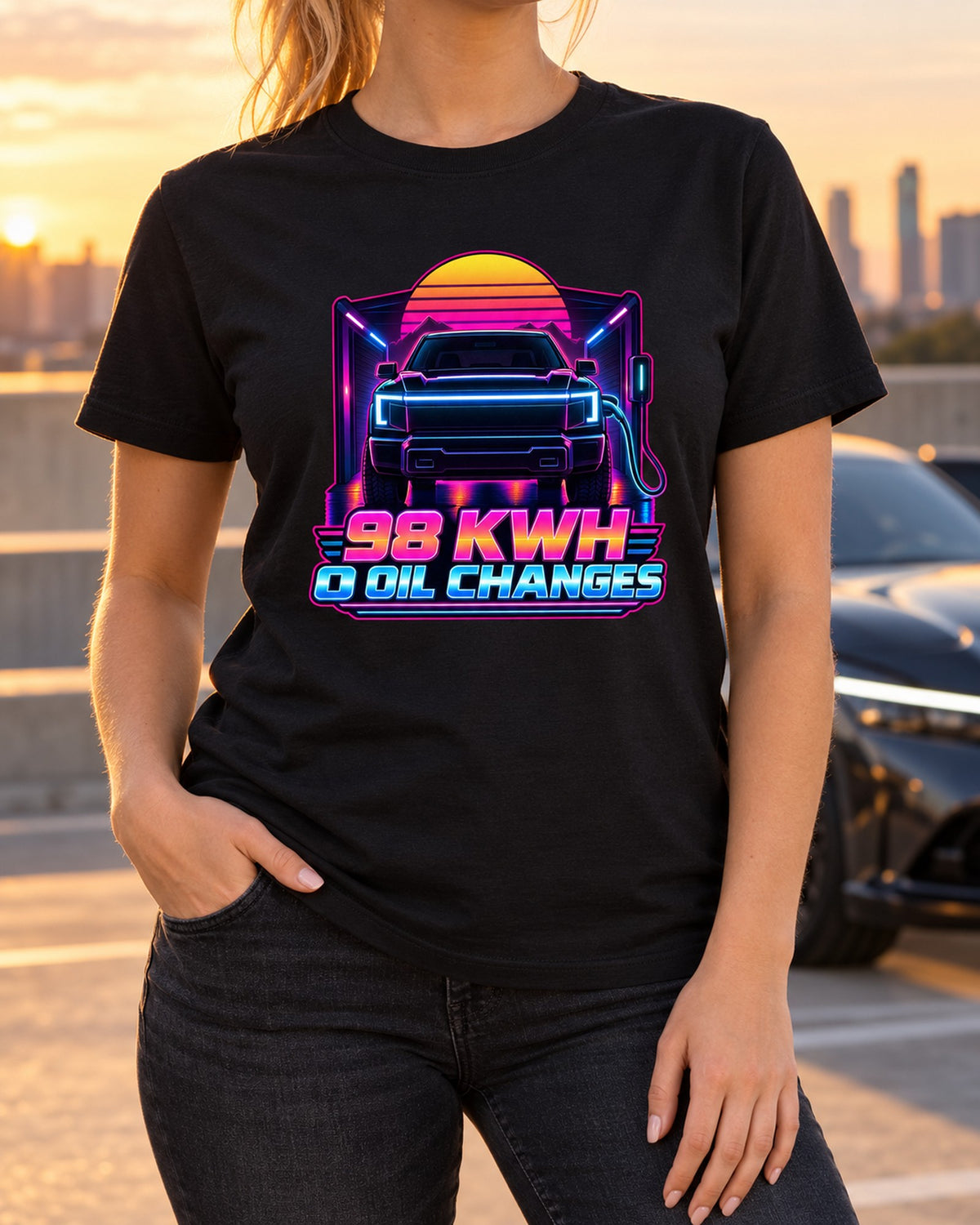 Ford F-150 Lightning EV Synthwave Charging Lightbar Tee T-Shirt Black worn hero