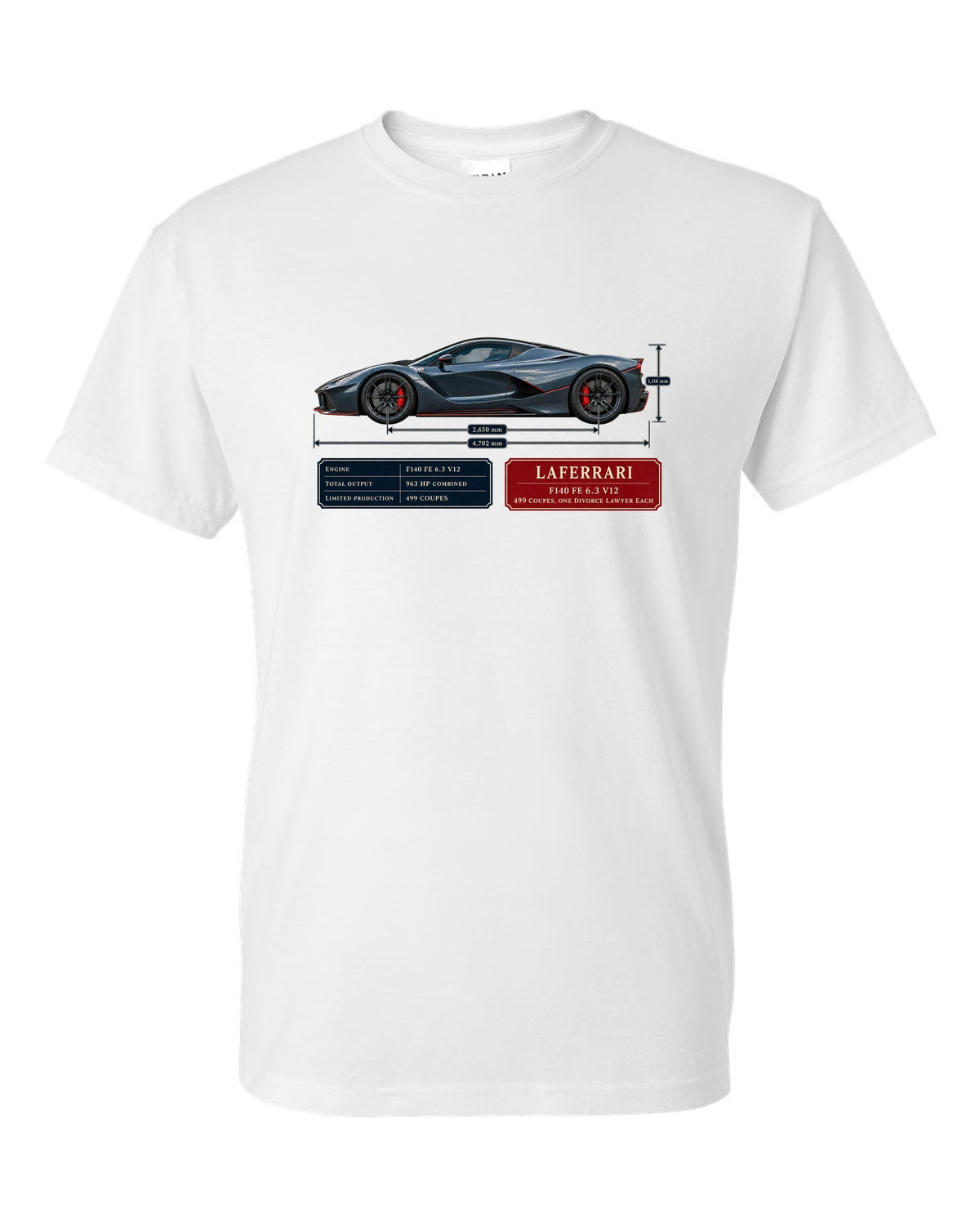Ferrari LaFerrari dimension blueprint print with F140 FE 6.3 V12 text white t-shirt front view with the design