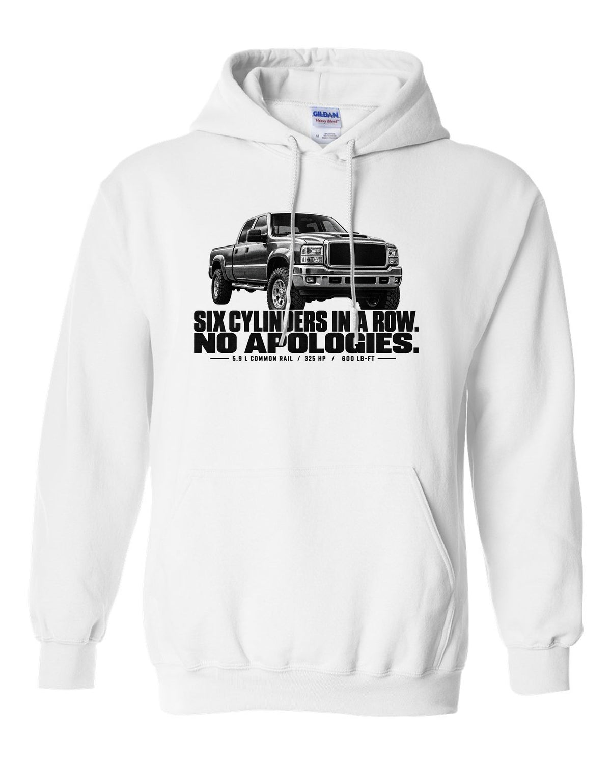 Halftone print of a 2003-09 Dodge Ram 2500 3rd gen in a front three-quarter view white pull over hoodie front view with the design