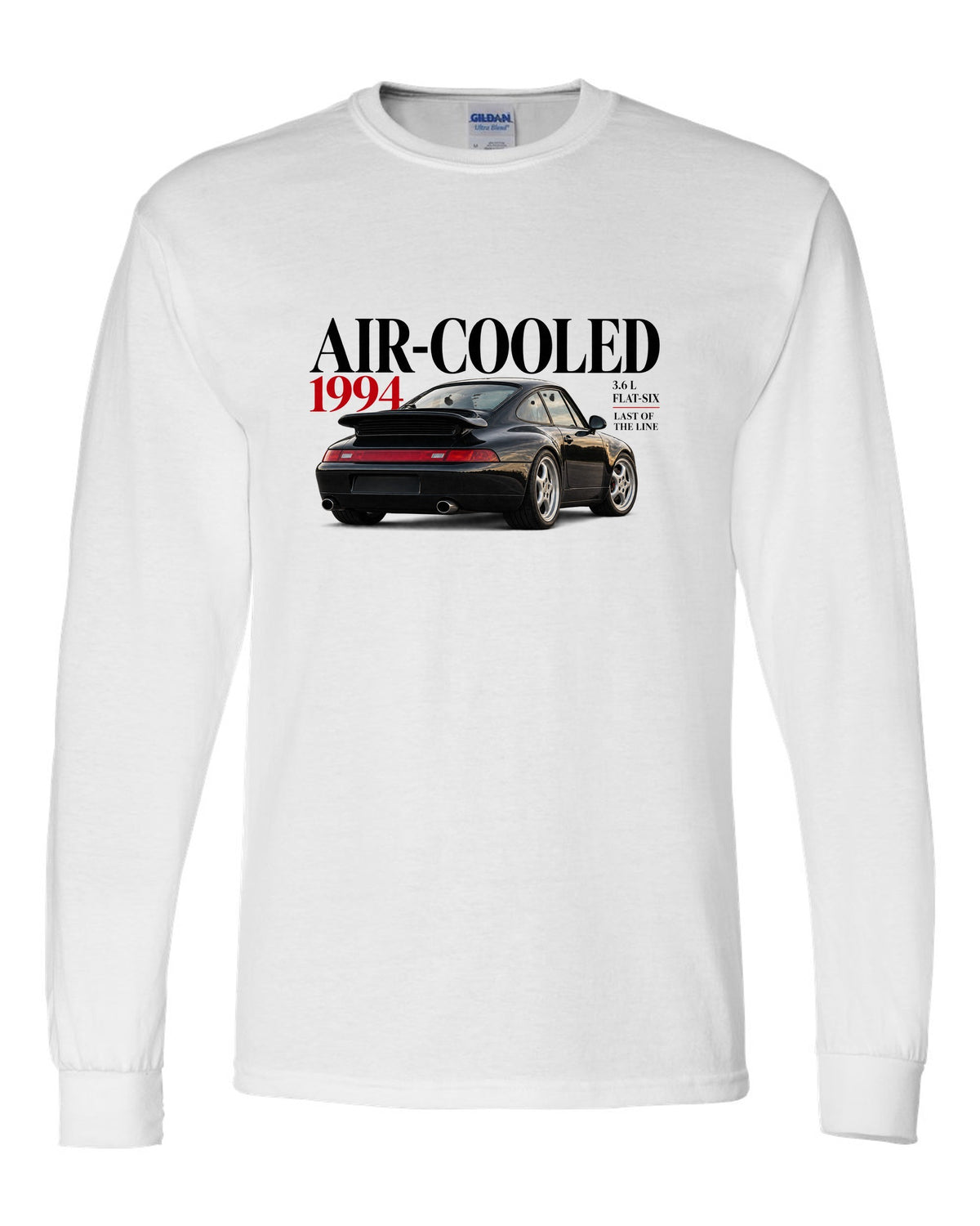 Editorial print of a Porsche 911 993 Carrera coupe with Air-Cooled 1994 3.6 L flat-six lettering white long sleeve front view with the design