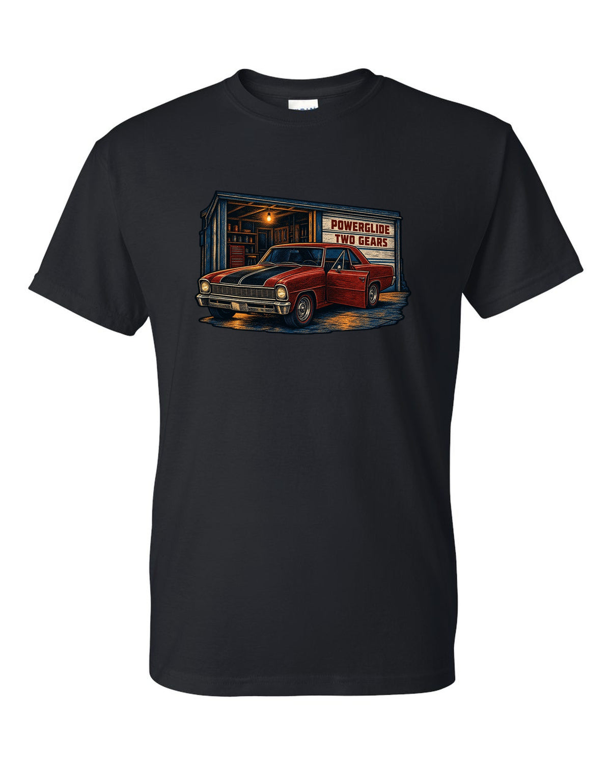 Linocut print of a 1967 Chevrolet Nova Chevy II parked in a garage with Powerglide lettering black t-shirt front view with the design