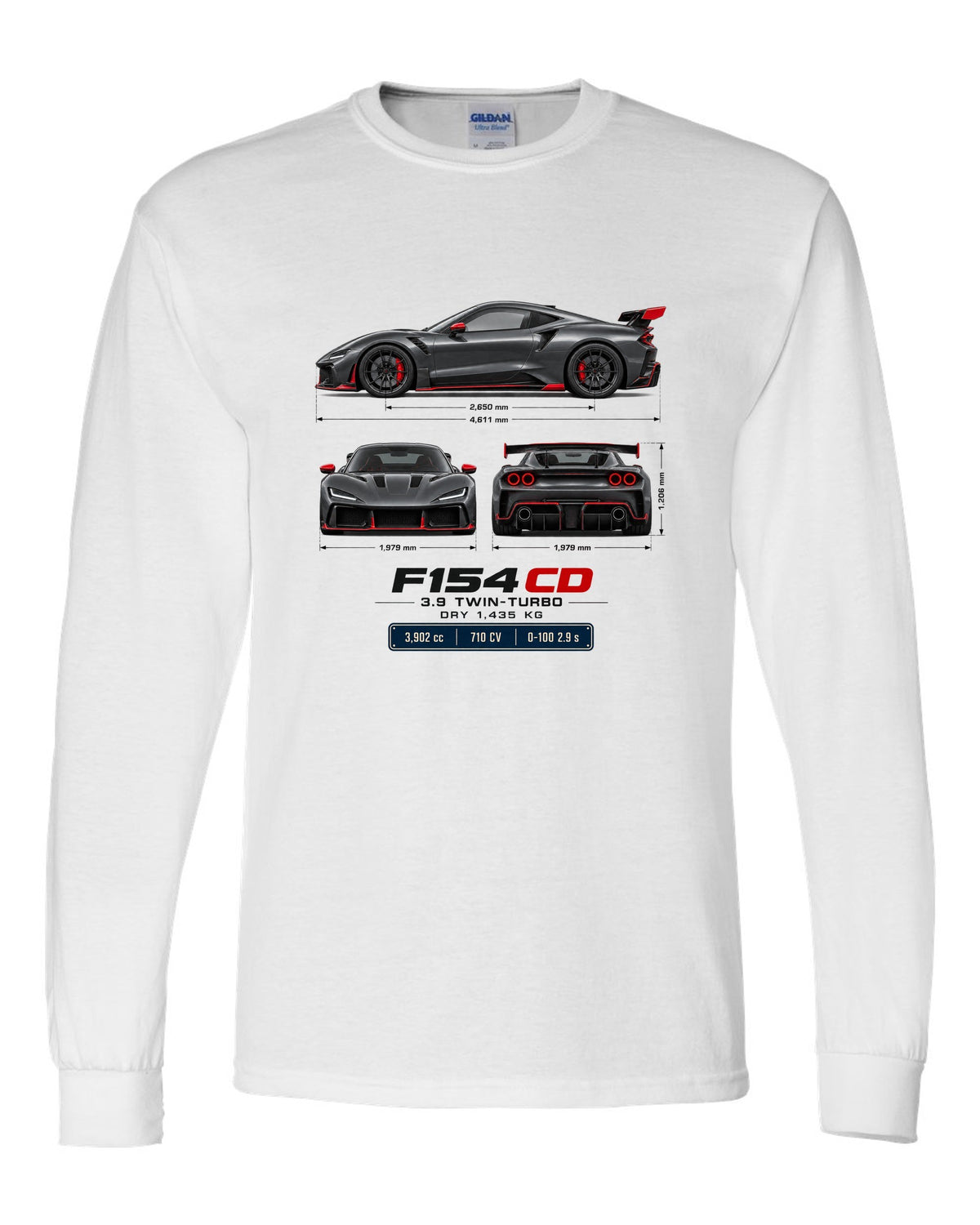 Ferrari F8 Tributo three-view spec table print with F154 CD engine code white long sleeve front view with the design