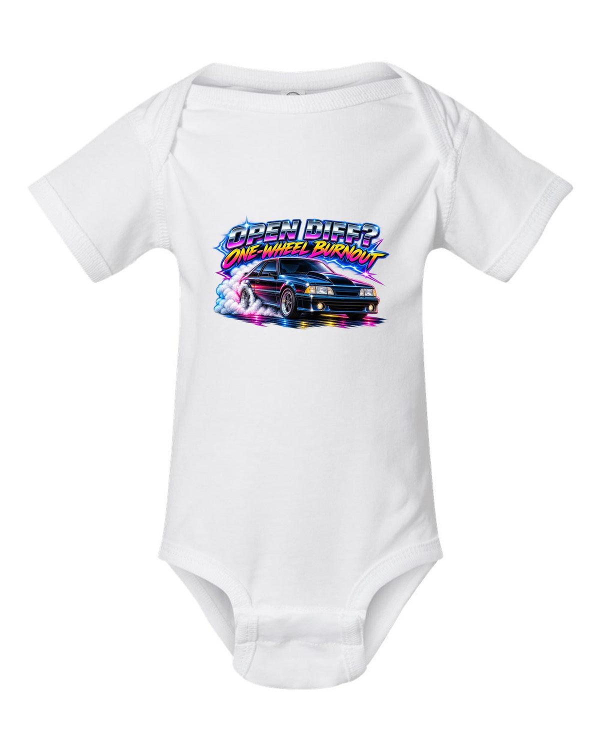 80s airbrush chrome print of a Ford Mustang Fox Body GT chback with a one-wheel burnout white baby onesie front view with the design