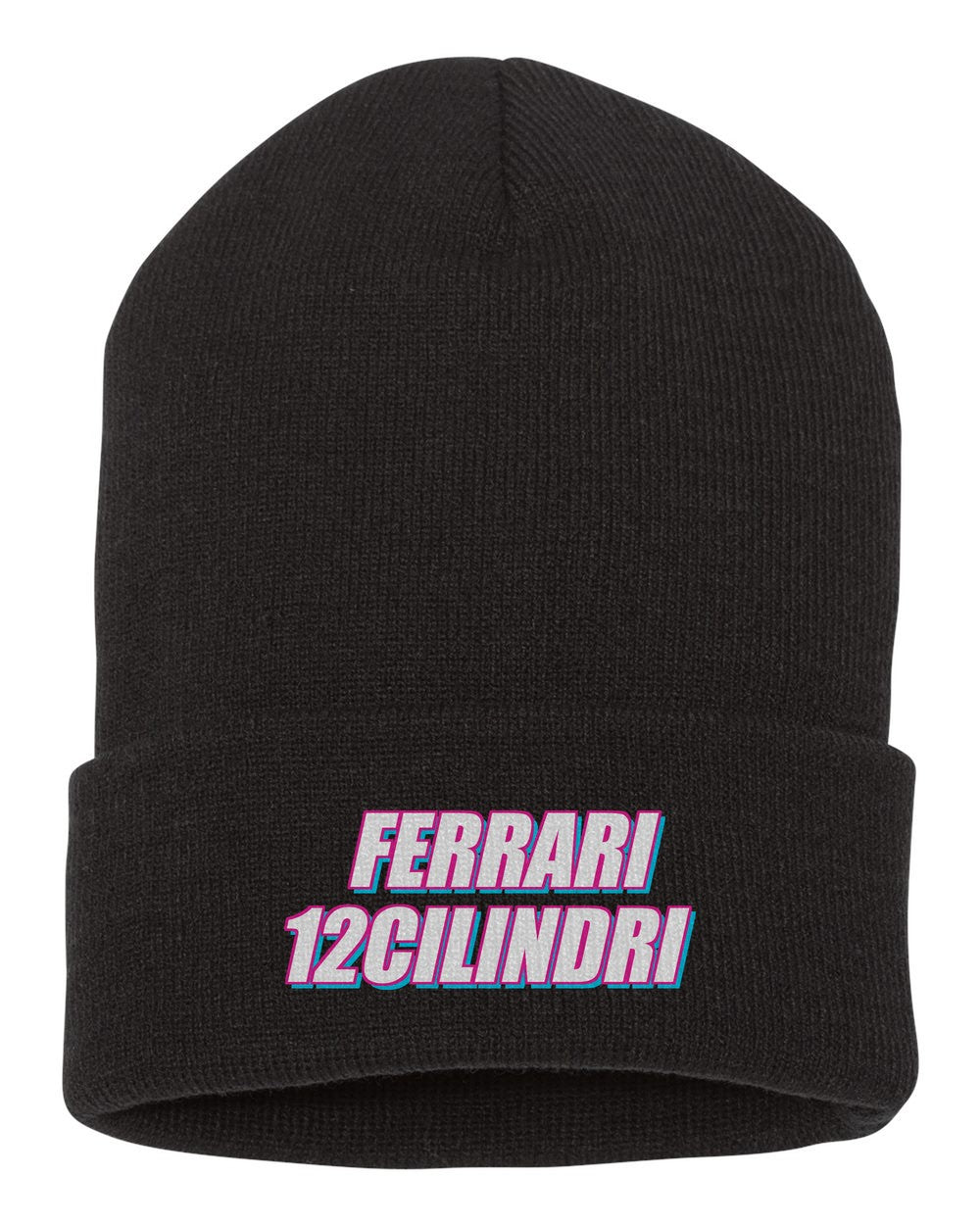 Ferrari 12Cilindri black beanie front view with car name