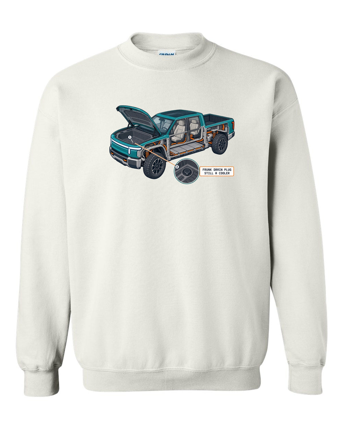 Ford F-150 Lightning isometric cutaway print showing the frunk drain plug white crewneck front view with the design
