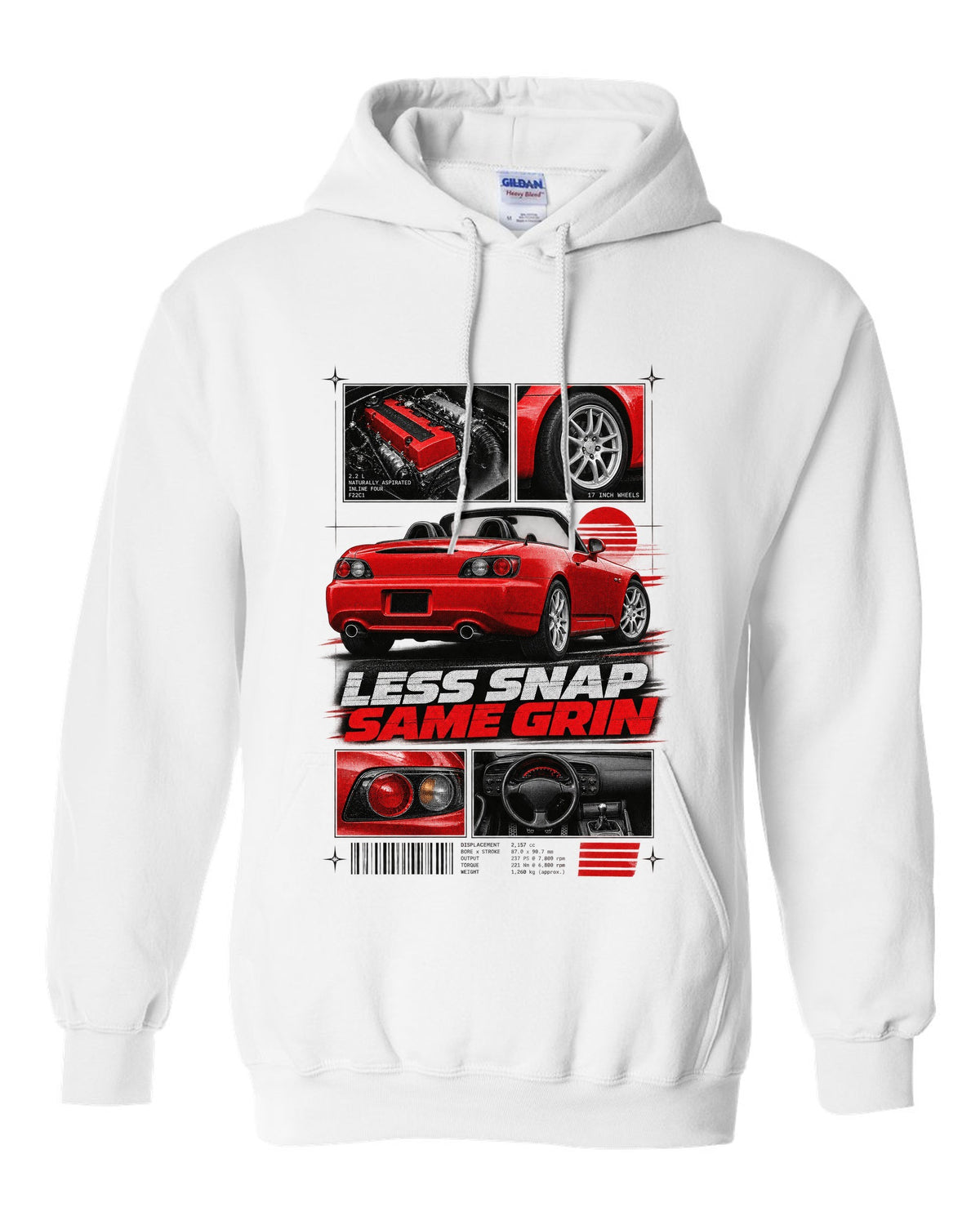 Honda S2000 AP2 roadster dossier panels design with 17 inch wheels less snap same grin text white pull over hoodie front view with the design