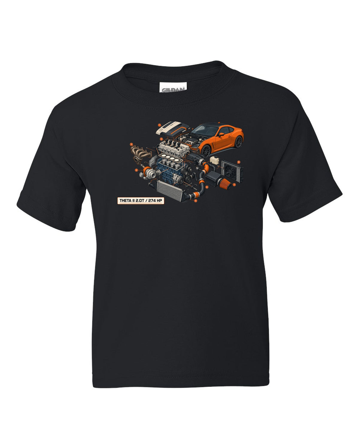 Hyundai Genesis Coupe BK2 isometric exploded cutaway print with Theta II 2.0T and 274 HP black kids tee front view with the design