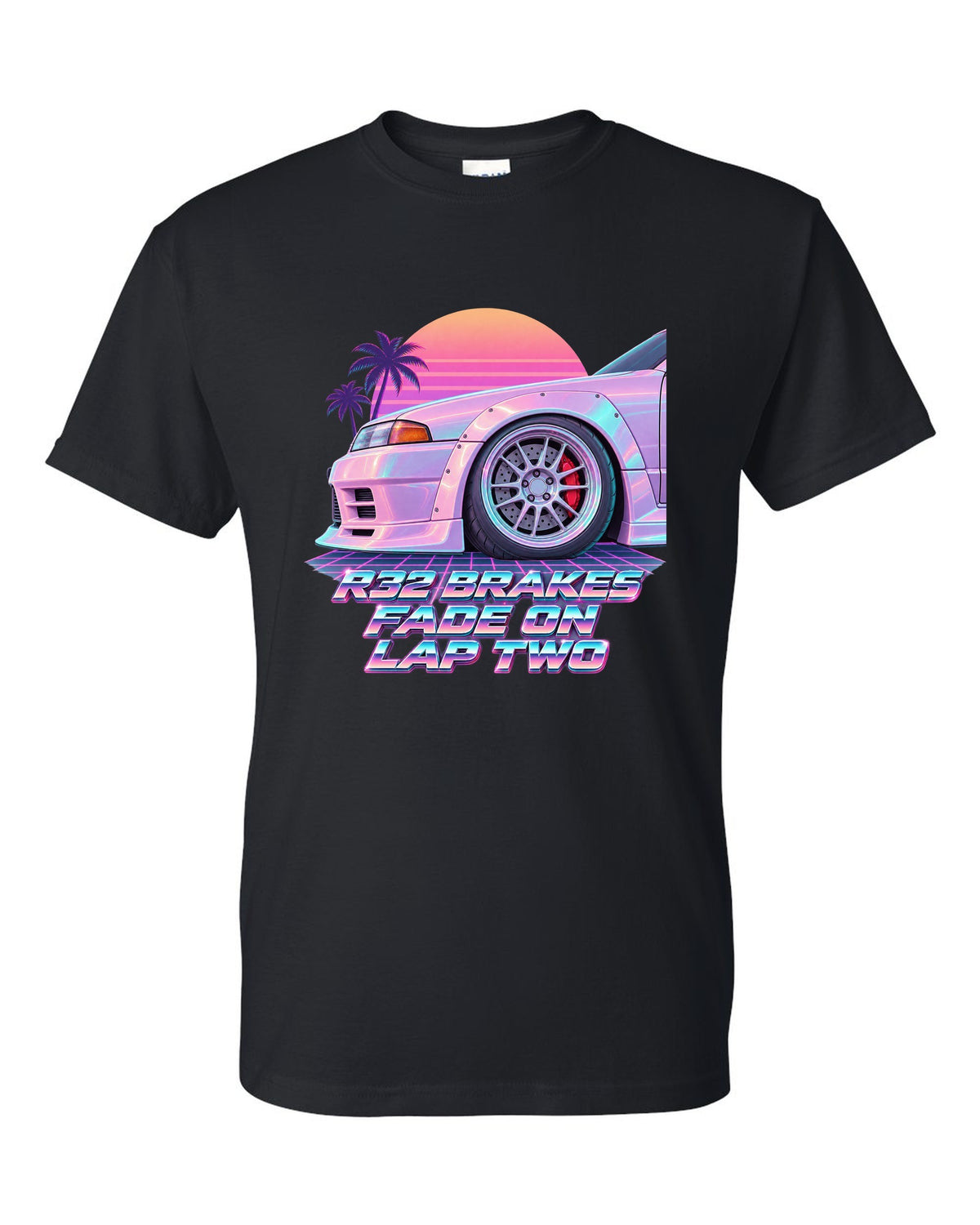 Vaporwave pastel print of a brake wheel with Nissan Skyline GT-R BNR32 brake fade lettering black t-shirt front view with the design