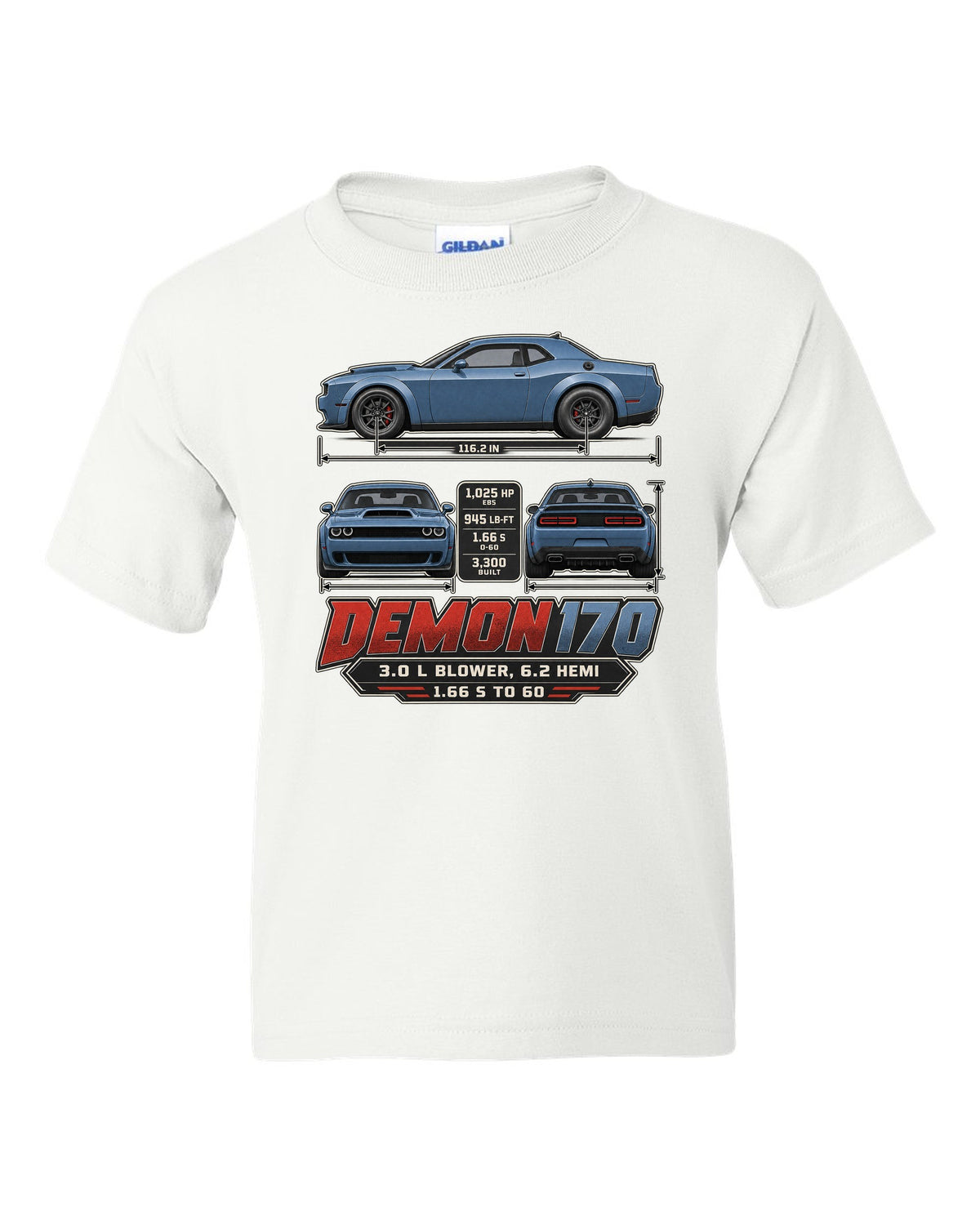 Dodge Challenger SRT Demon 170 dimension blueprint print white kids tee front view with the design